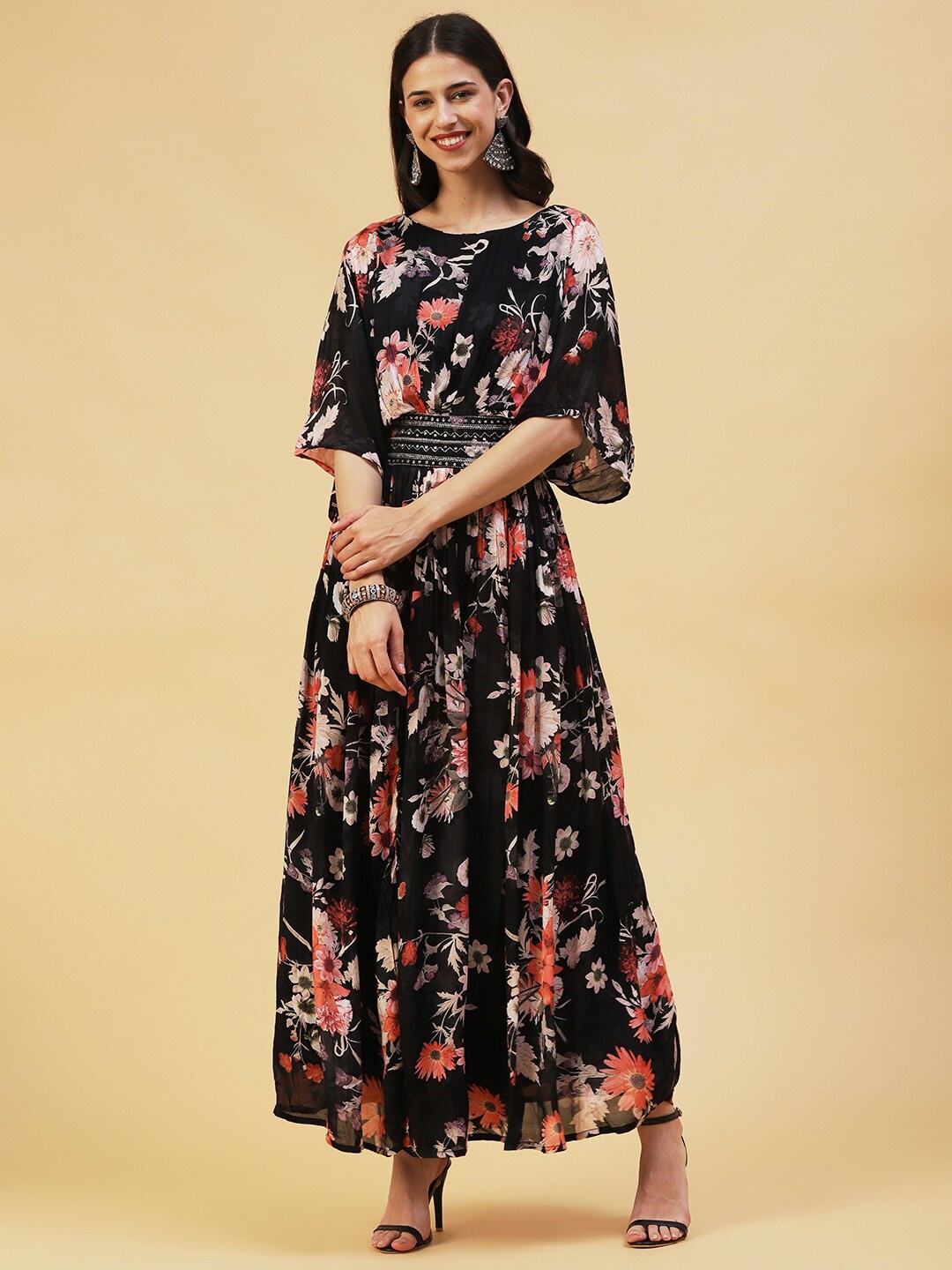 

FASHOR Floral Printed Chiffon Maxi Dress With Sequinned Embellished, Black