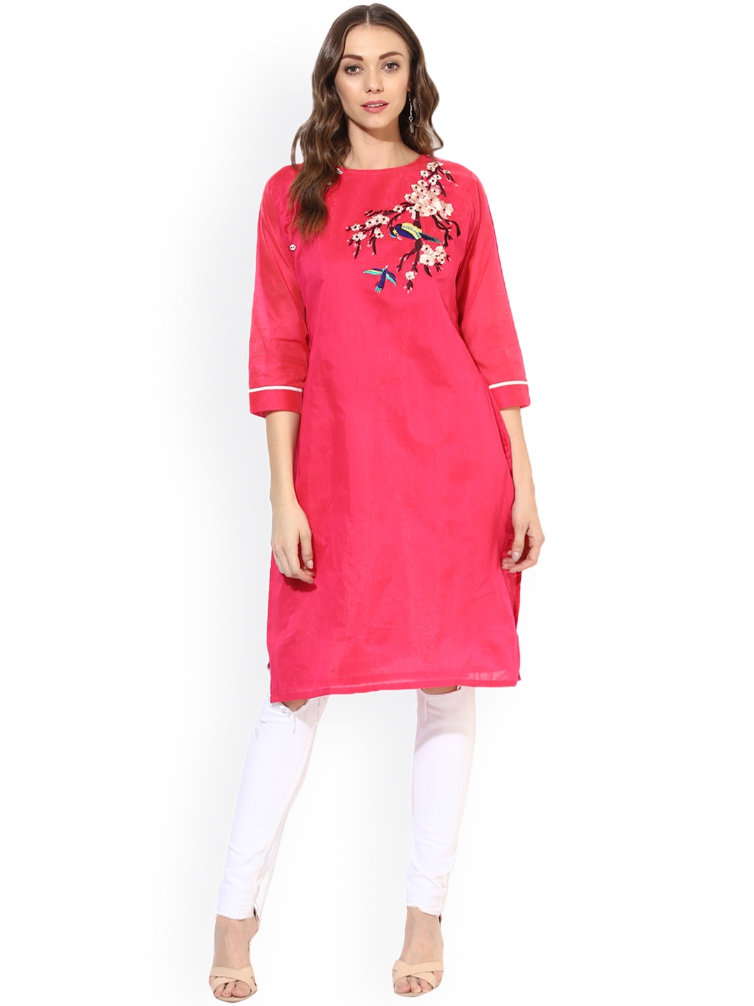 

Shakumbhari Women Pink Embroidered A-Line Kurta