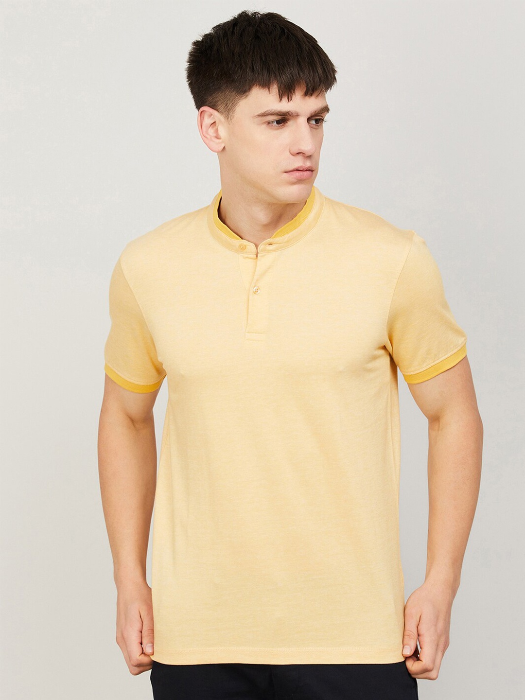 

CODE by Lifestyle Mandarin Collar Short Sleeves Cotton T-shirt, Yellow