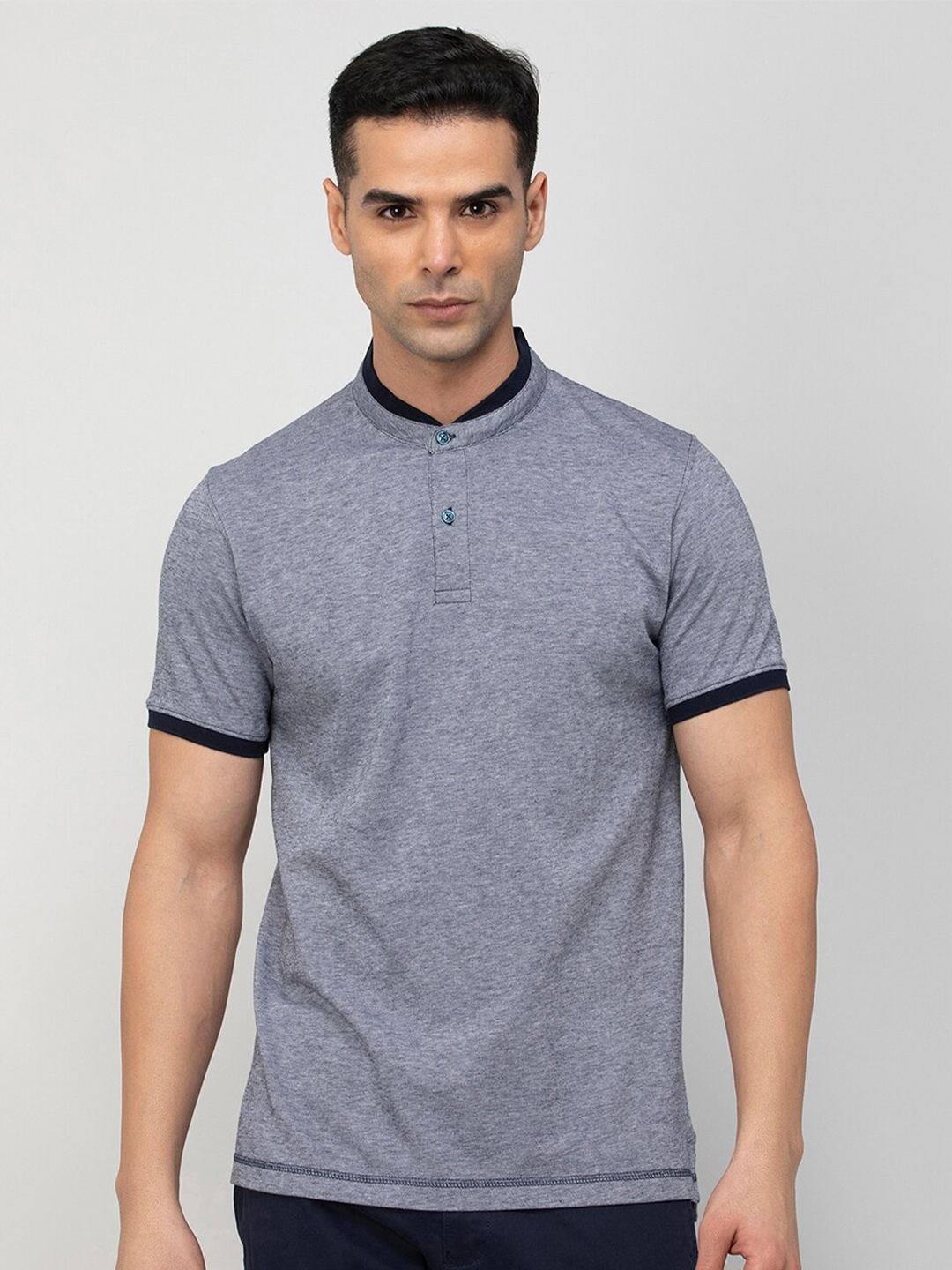 

CODE by Lifestyle Mandarin Collar Cotton T-shirt, Navy blue