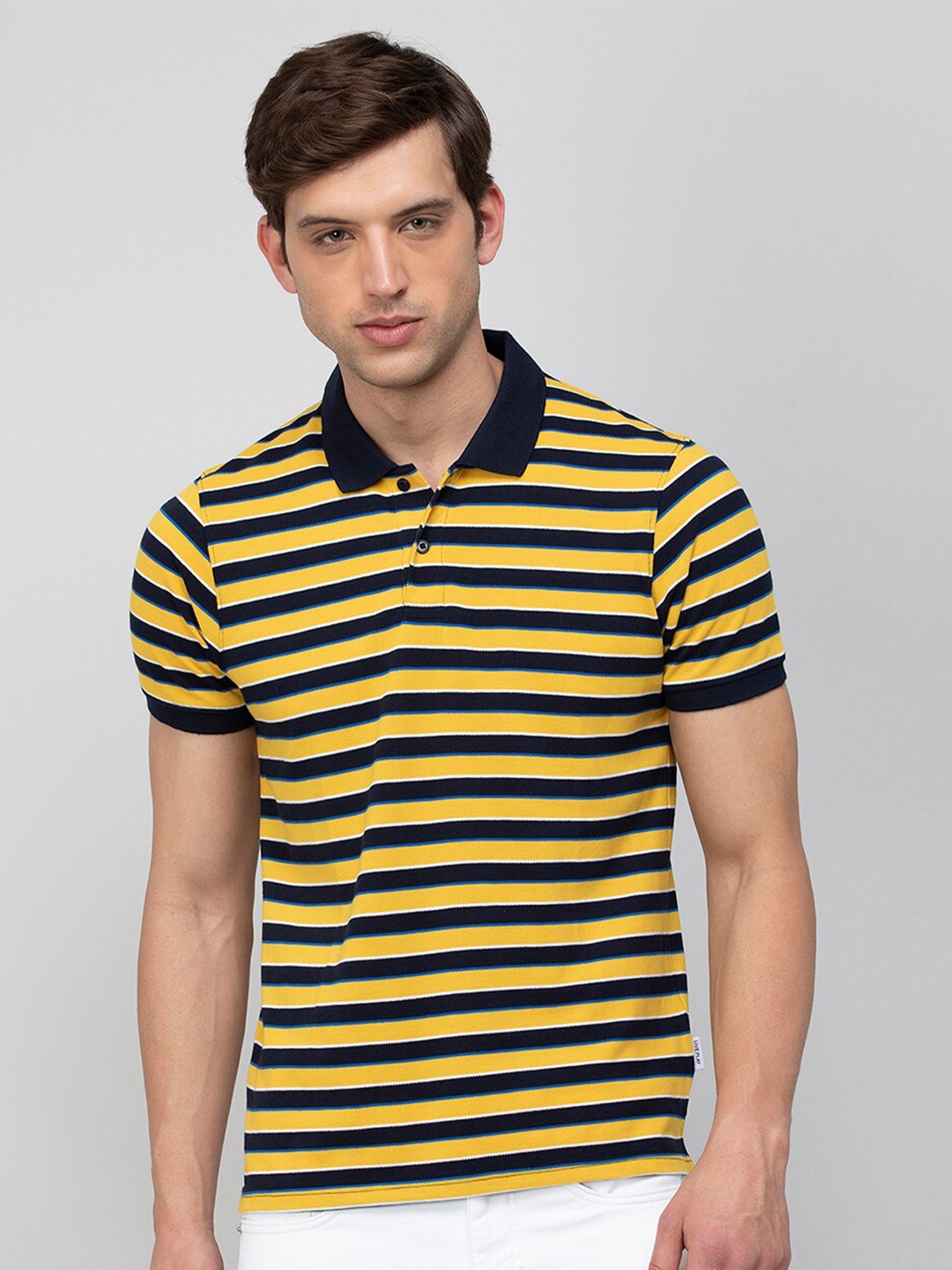 

Fame Forever by Lifestyle Striped Polo Collar Cotton T-shirt, Mustard