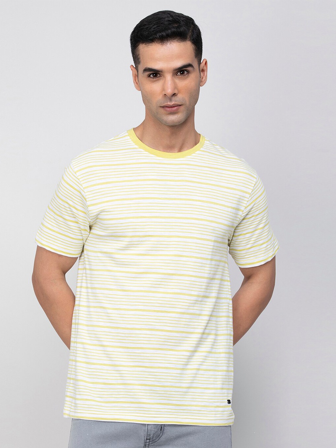 

Fame Forever by Lifestyle Striped Round Neck Cotton T-shirt, Cream