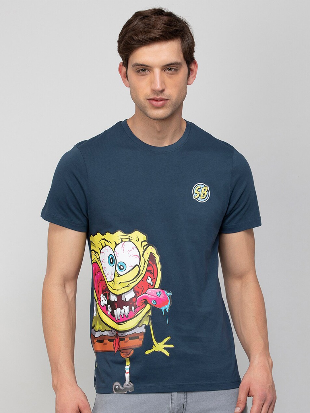 

Fame Forever by Lifestyle Sponge Bob Printed Cotton T-shirt, Navy blue