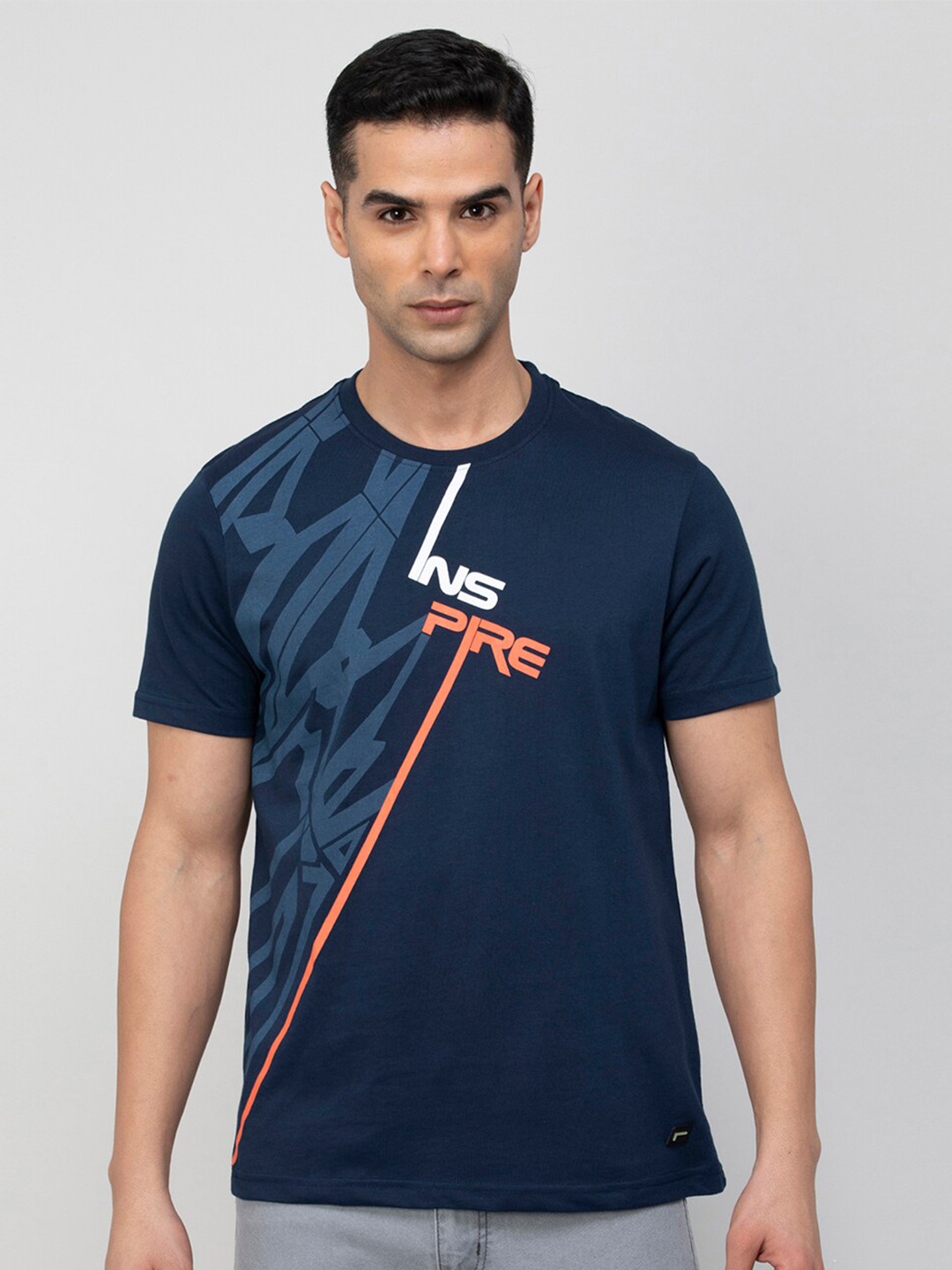 

Fame Forever by Lifestyle Geometric Printed Round Neck T-shirt, Navy blue