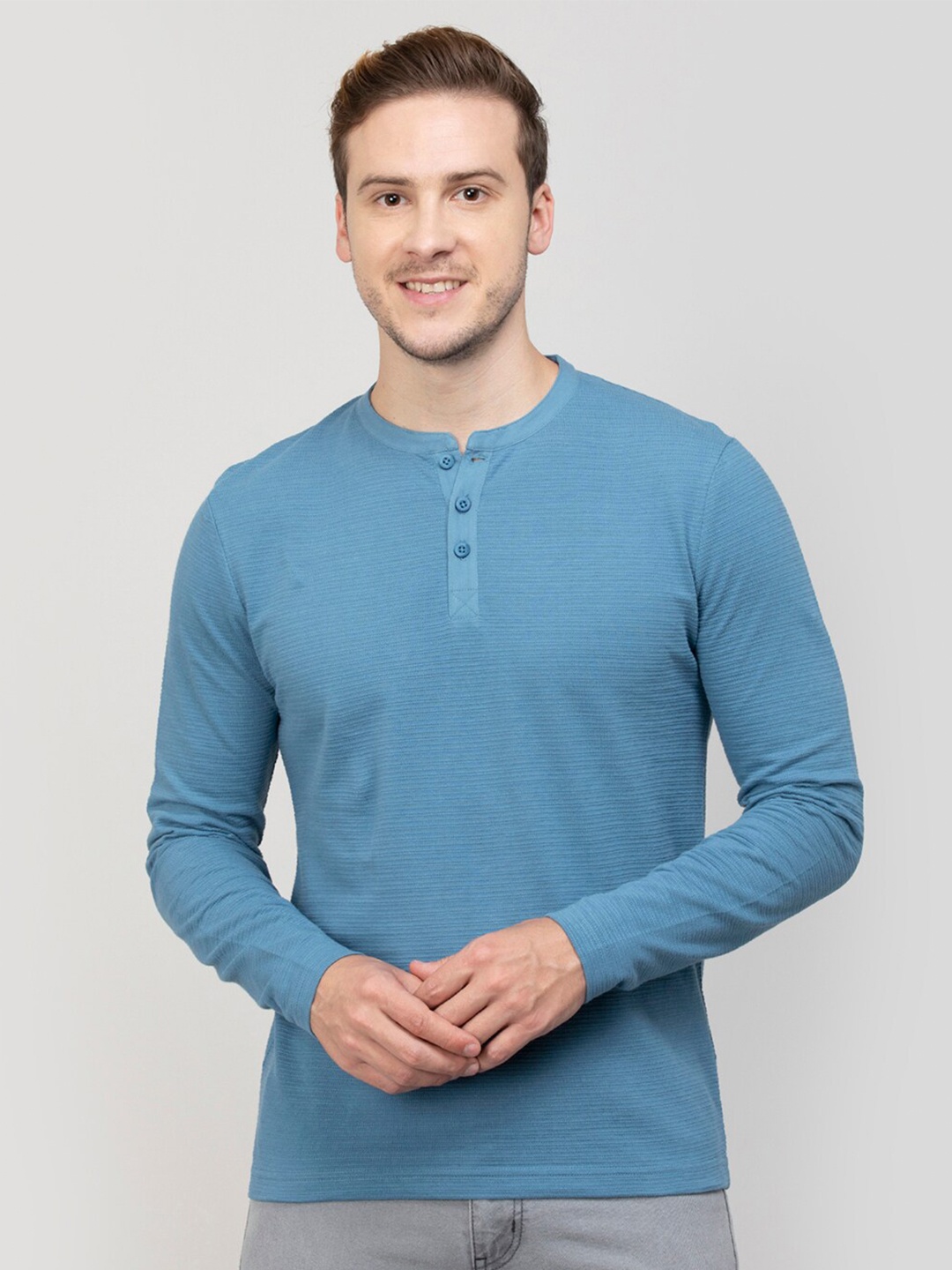 

Melange by Lifestyle Henley Neck Long Sleeve Cotton T-shirt, Blue