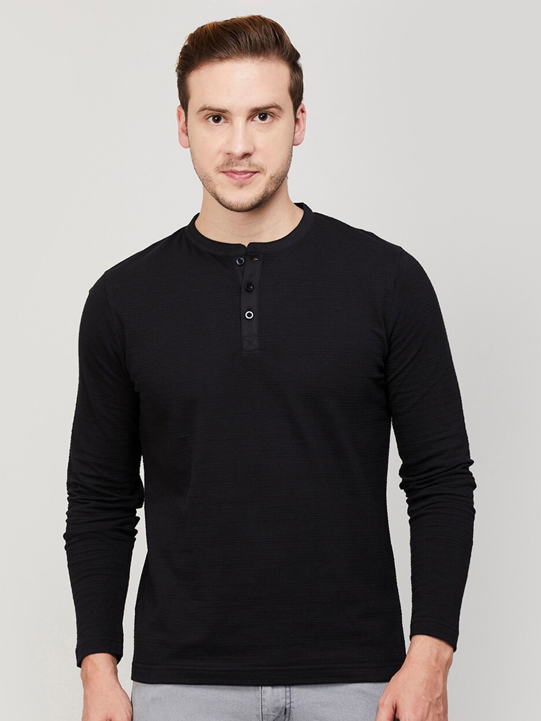 

Melange by Lifestyle Henley Neck Cotton T-shirt, Black