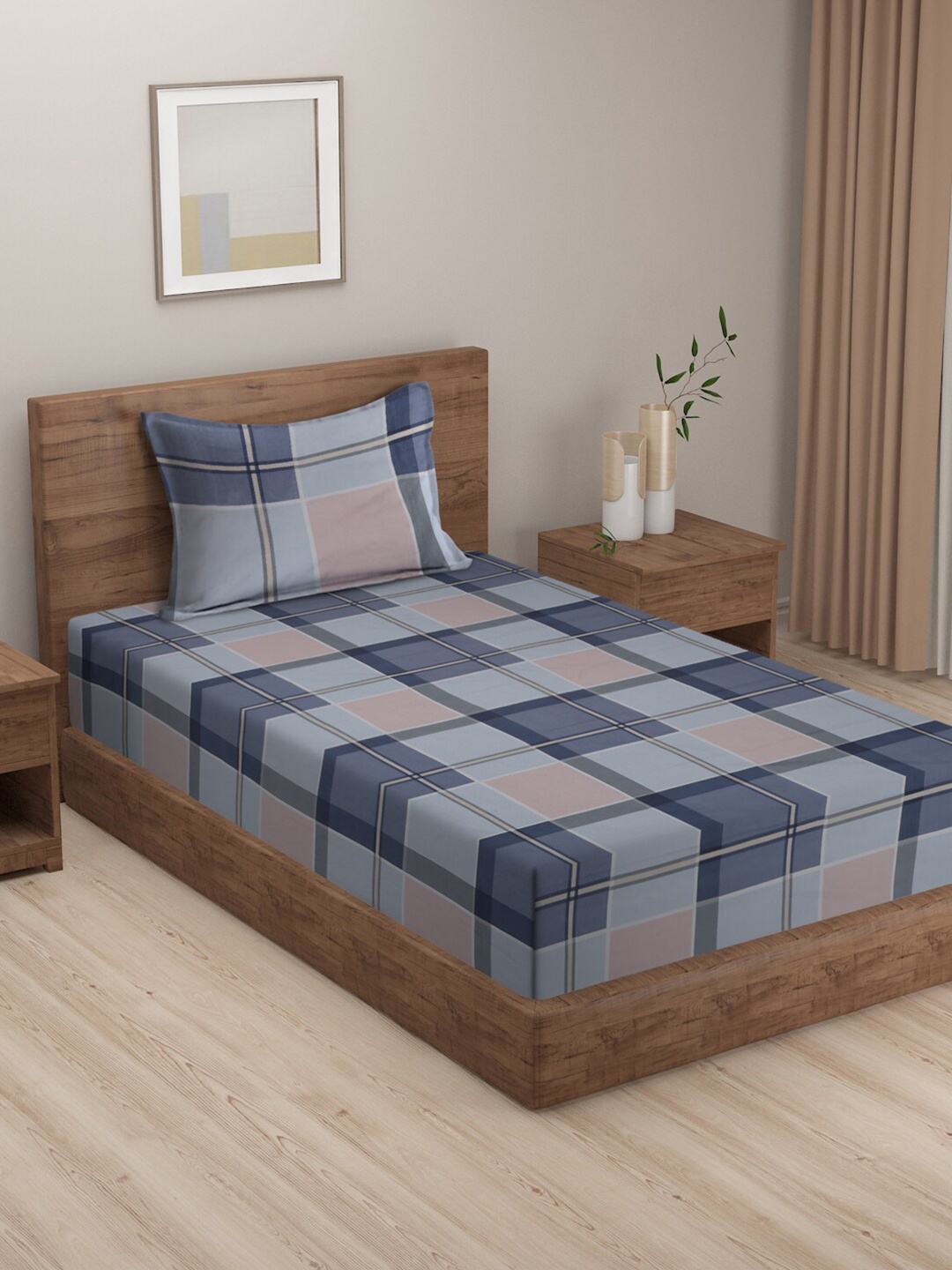 

HOSTA HOMES Blue & Grey Geometric 210 TC Flat Single Bedsheet with Pillow Cover