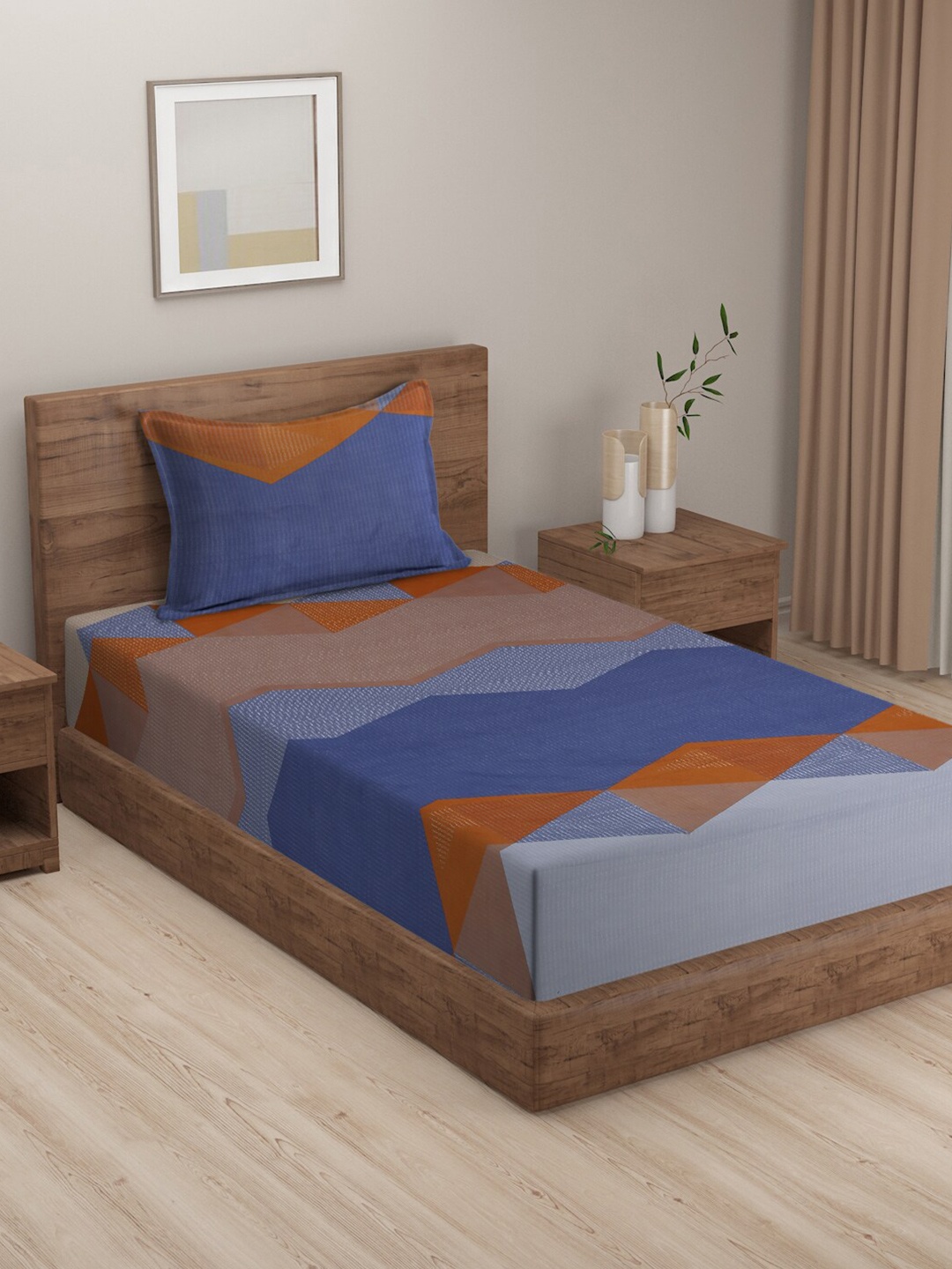 

HOSTA HOMES Blue & Beige Geometric 210 TC Flat Cotton Single Bedsheet & 1 Pillow Cover