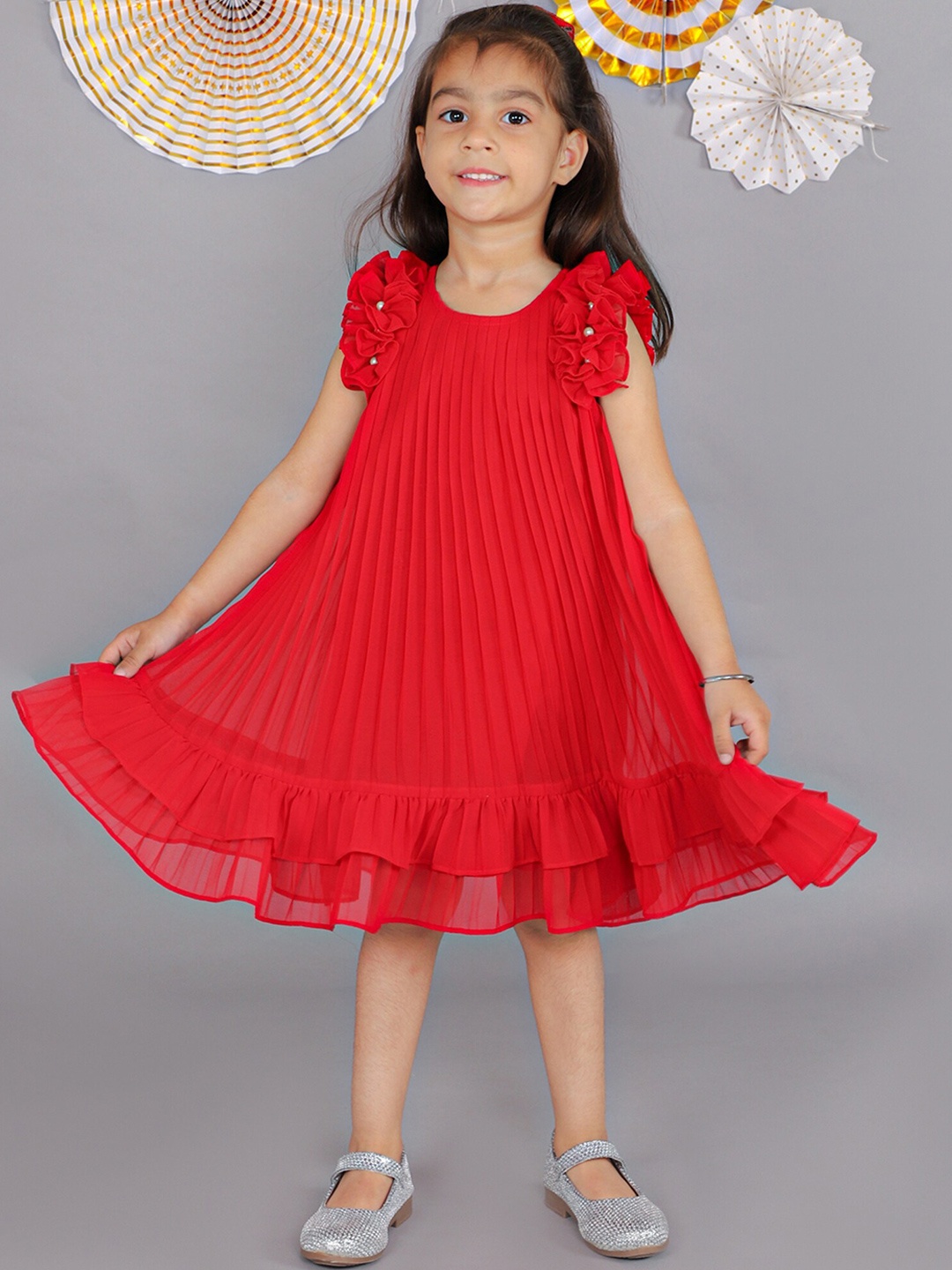 

LIL DRAMA Infant Girls Accordion Pleated Georgette A-Line Dress, Red