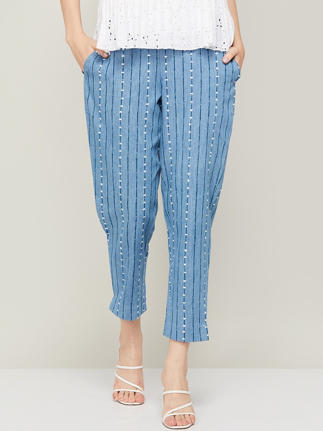 

Colour Me by Melange Women Striped Mid-Rise Pure Cotton Trousers, Blue
