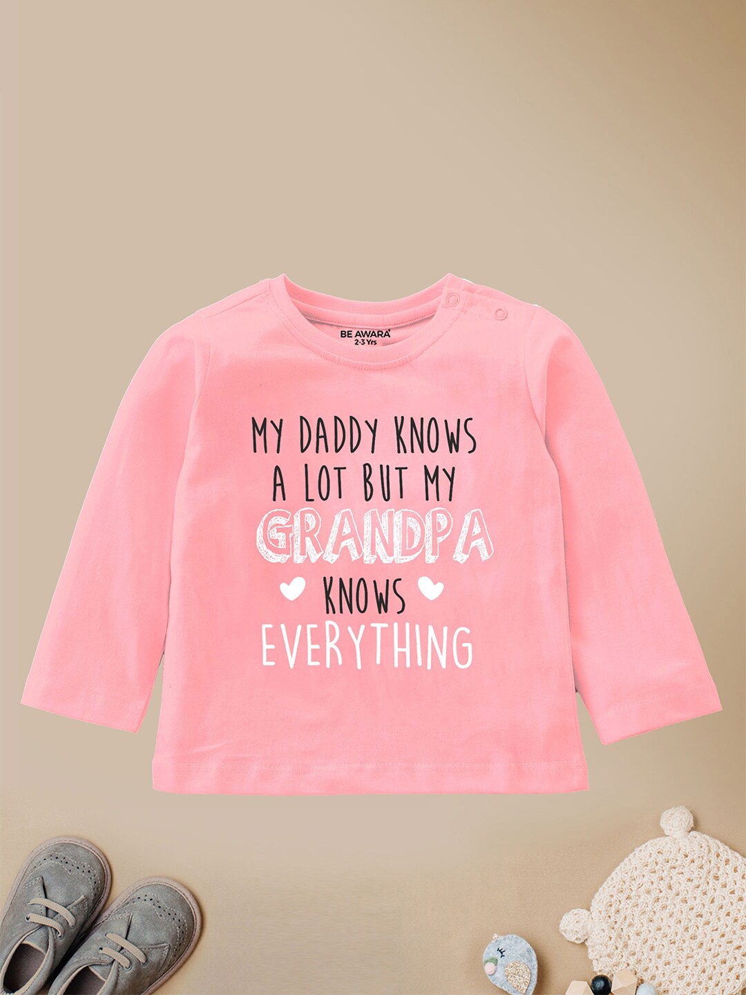 

BE AWARA Kids Typography Printed Cotton T-shirt, Pink