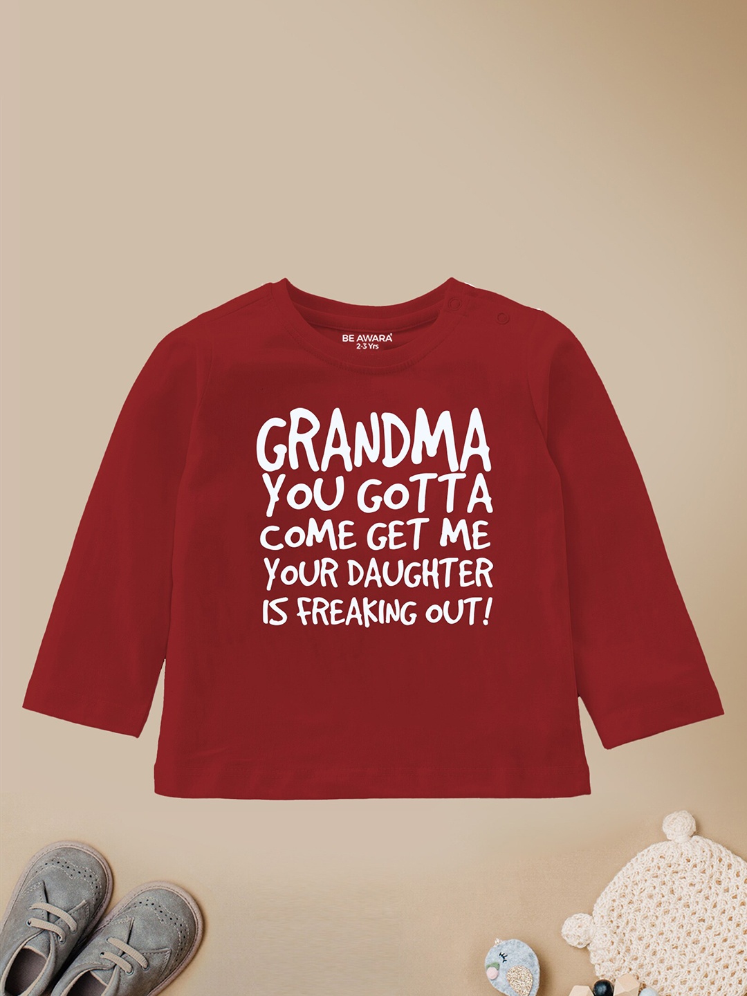 

BE AWARA Kids Typography Printed Cotton T-shirt, Maroon