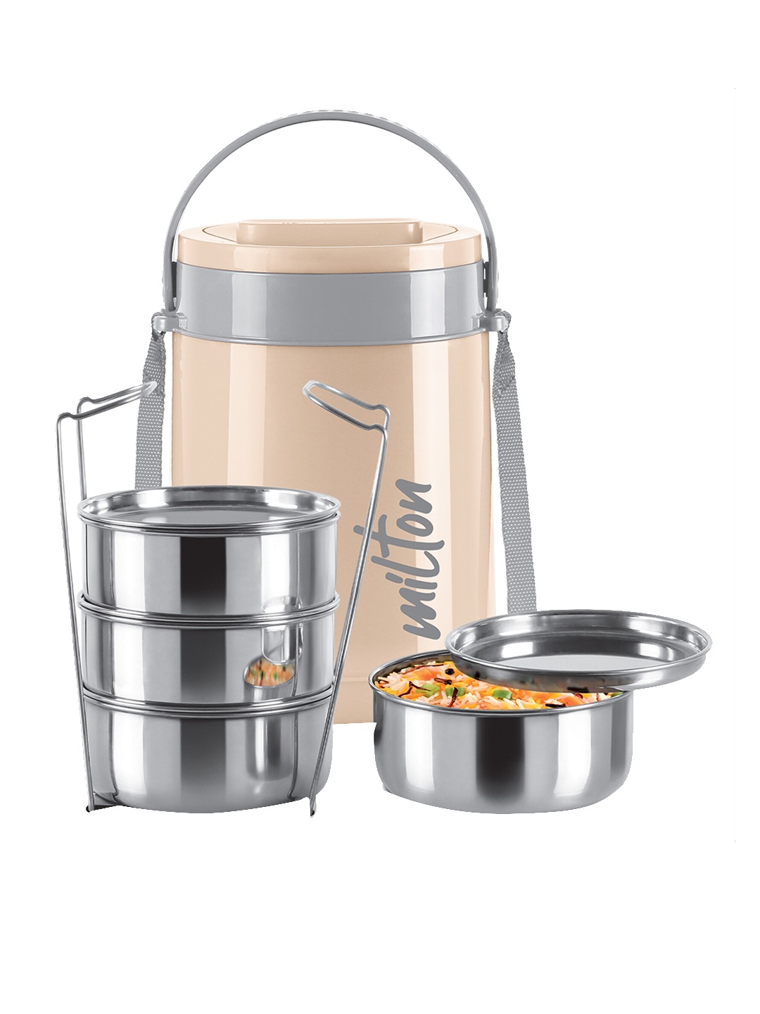 

Milton Classic 4 Pcs Ivory Stainless Steel Tiffin Container 300 ml Each With Lifter, Cream