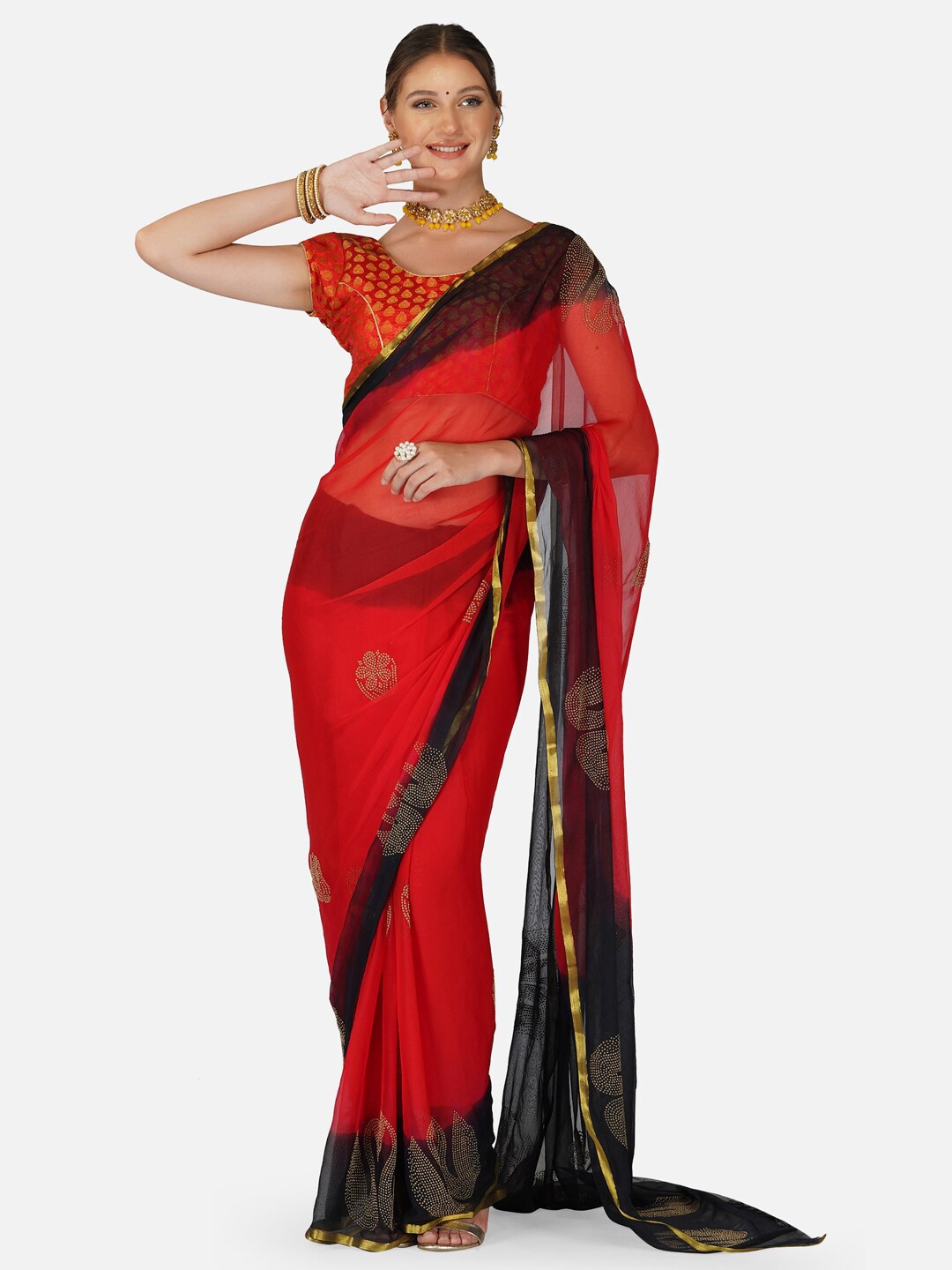 

CLAFOUTIS Embellished Zari Pure Chiffon Saree, Red