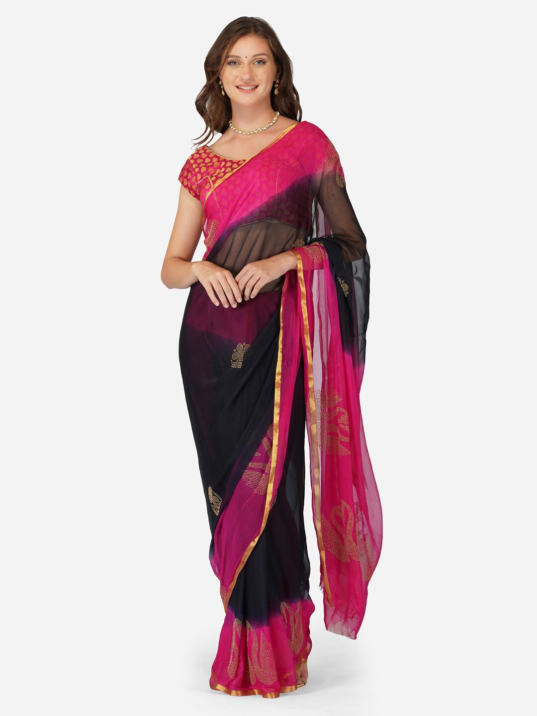 

CLAFOUTIS Embellished Zari Pure Chiffon Saree, Pink