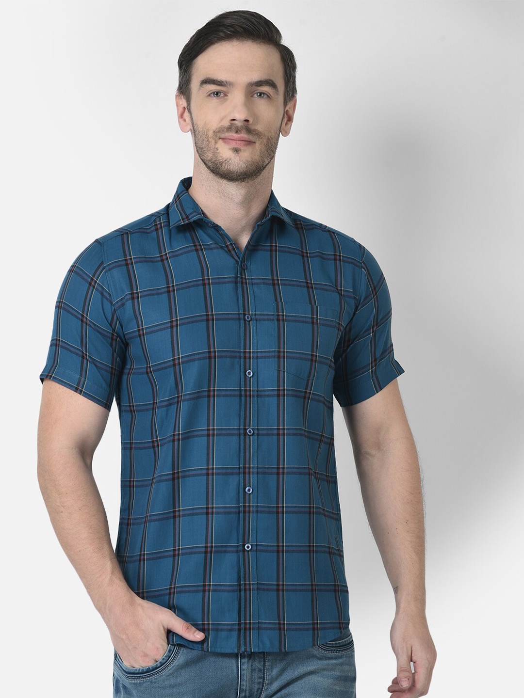 

Zeal Standard Windowpane Checked Cotton Casual Shirt, Blue