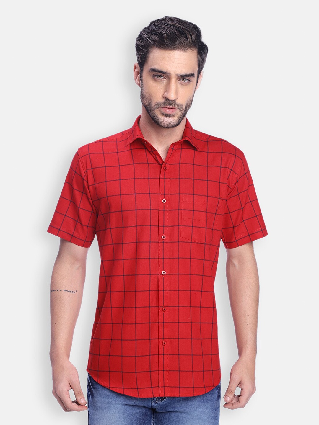 

Zeal Standard Windowpane Checks Checked Pure Cotton Casual Shirt, Red