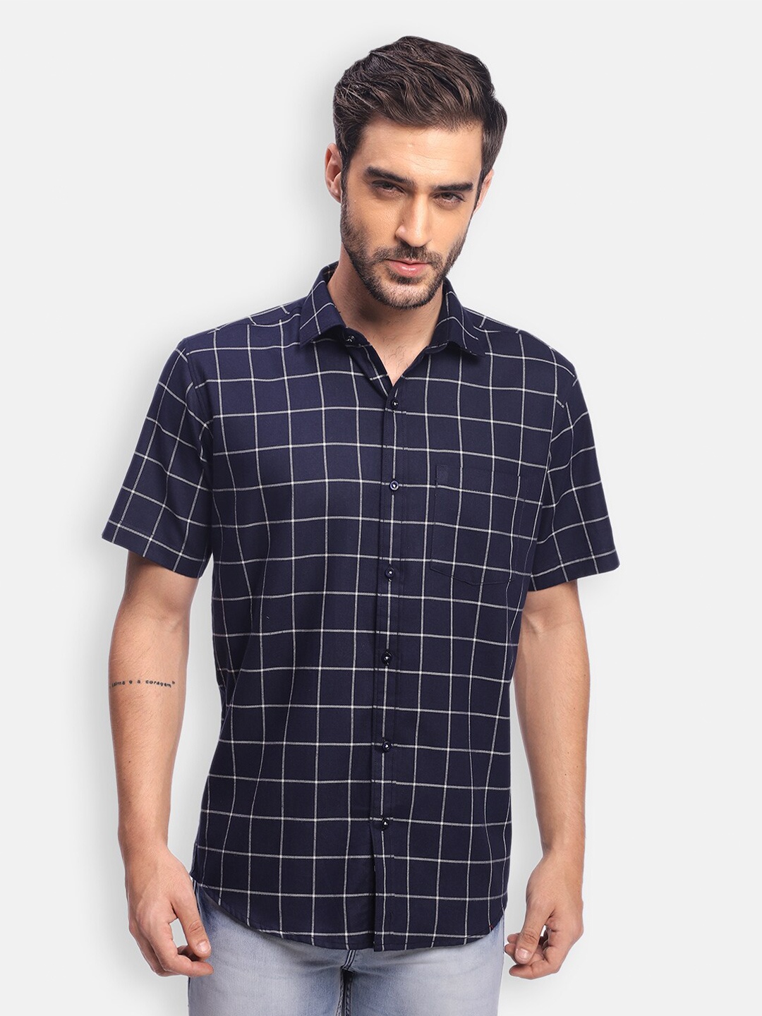 

Zeal Standard Windowpane Checks Checked Pure Cotton Casual Shirt, Navy blue