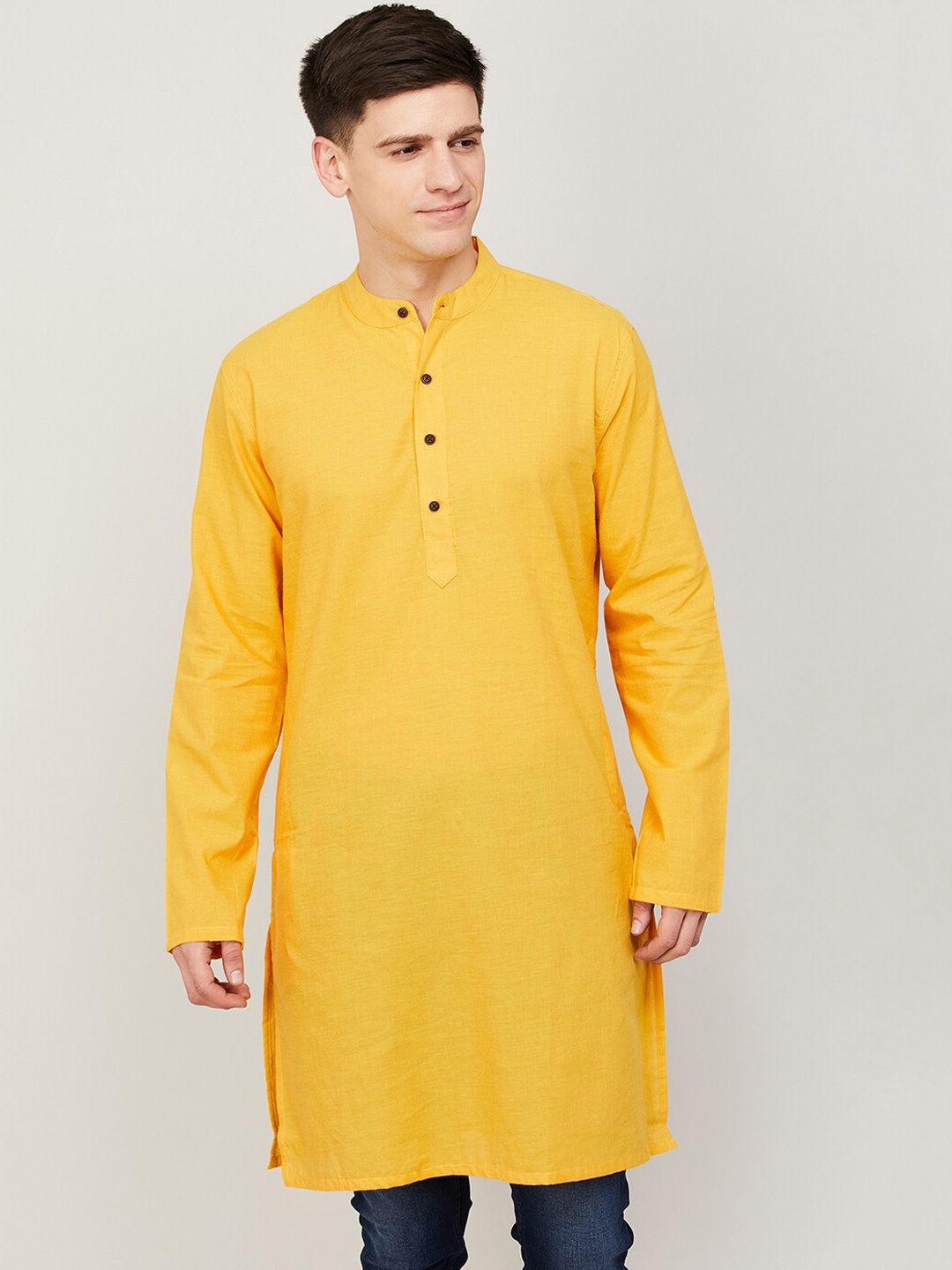 

Melange by Lifestyle Mandarin Collar Cotton Kurta, Yellow