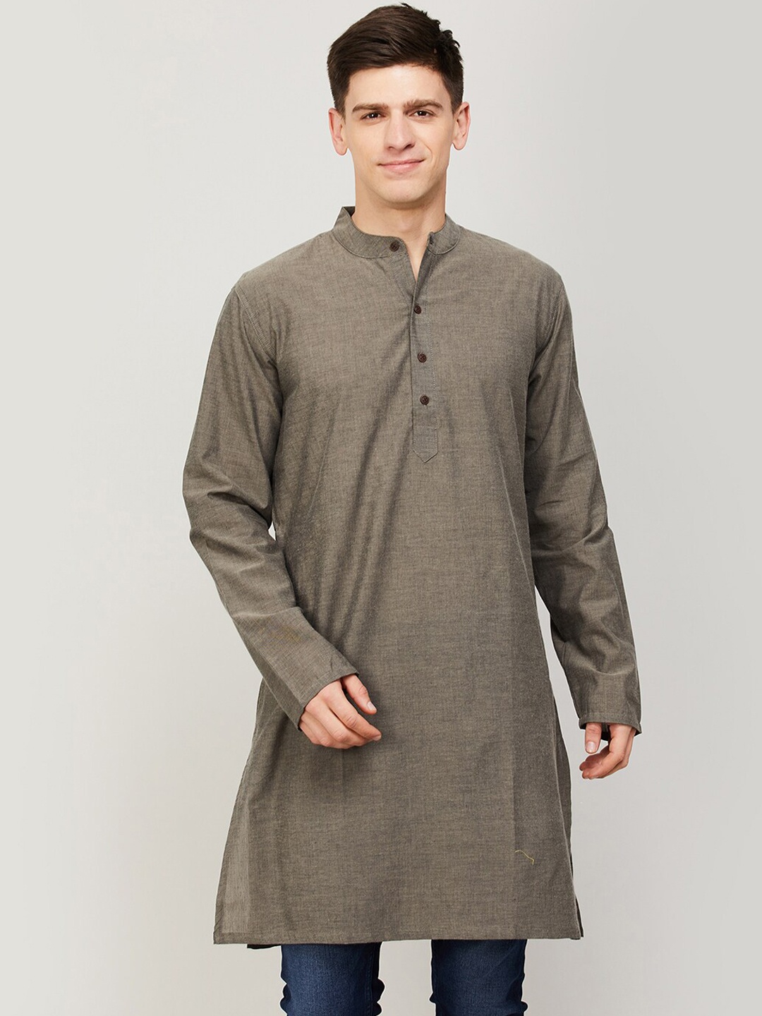 

Melange by Lifestyle Mandarin Collar Cotton Above Knee Kurta, Grey