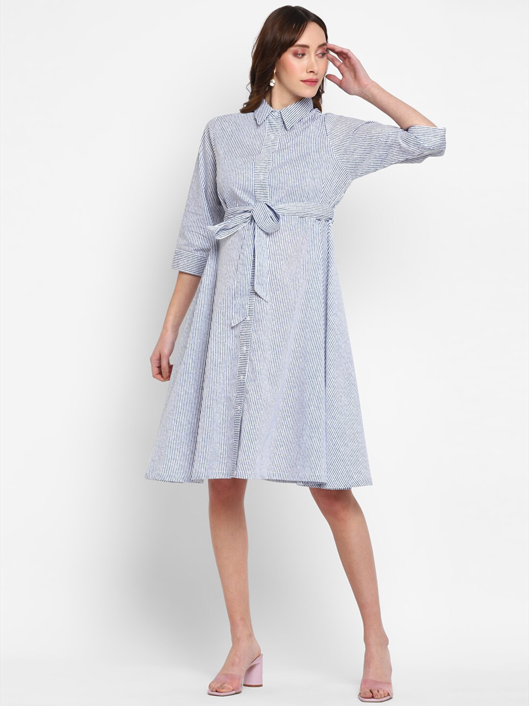 

Momsoon Maternity Shirt Collar Striped Pure Cotton Dress With Belt, Blue