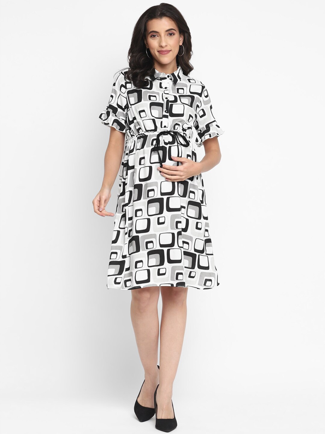 

Momsoon Maternity Geometric Printed Shirt Collar Maternity Dress, White