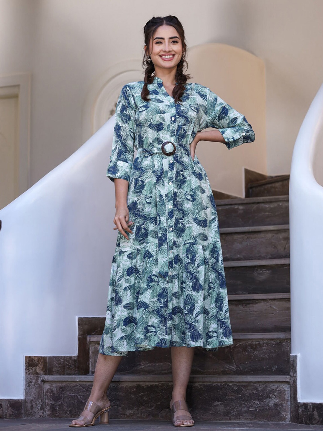 

FASHION DWAR Floral Printed Shirt Midi Cotton Dress, Blue