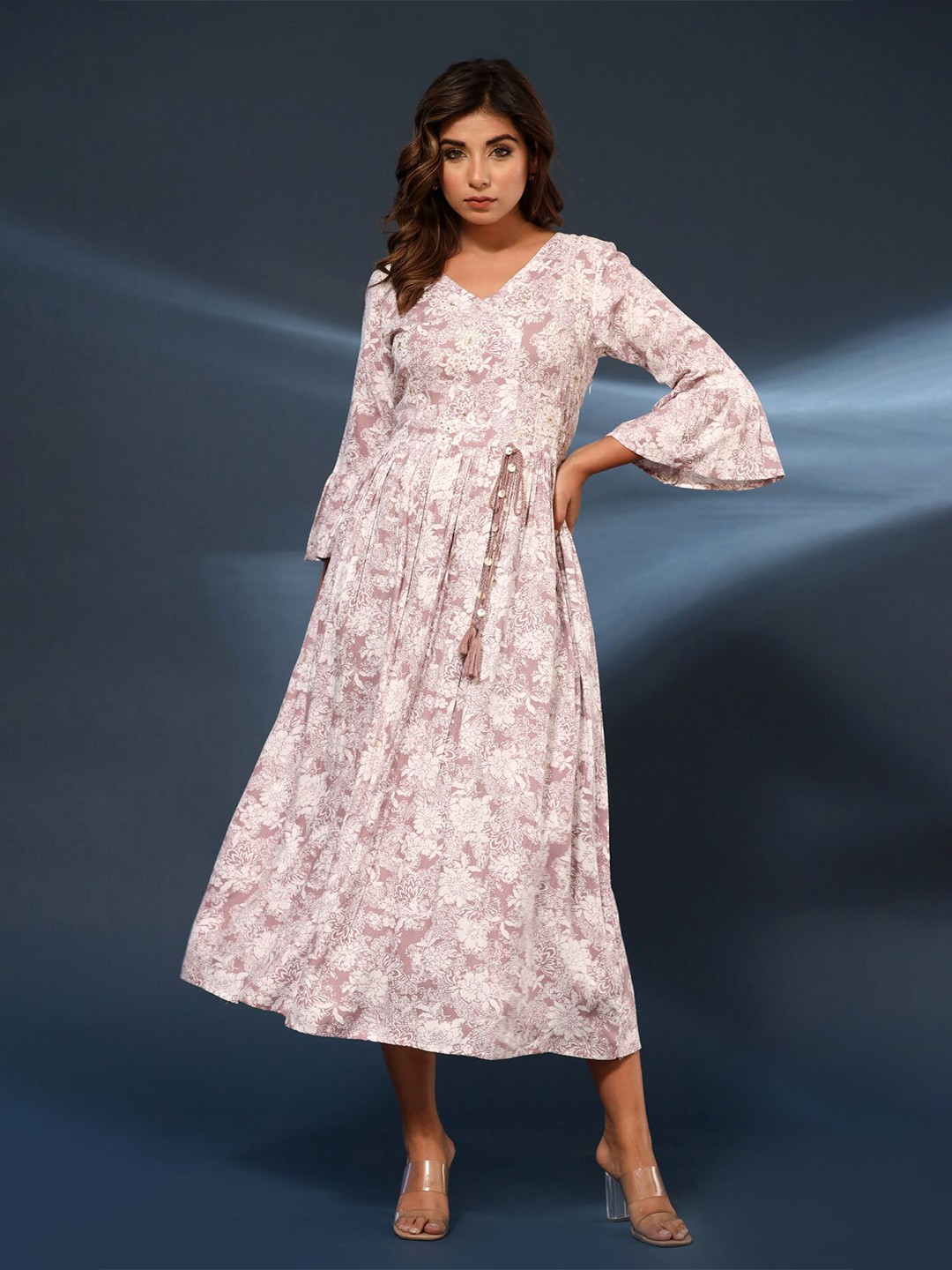 

FASHION DWAR Floral Printed Bell Sleeves Midi Wrap Dress, Pink