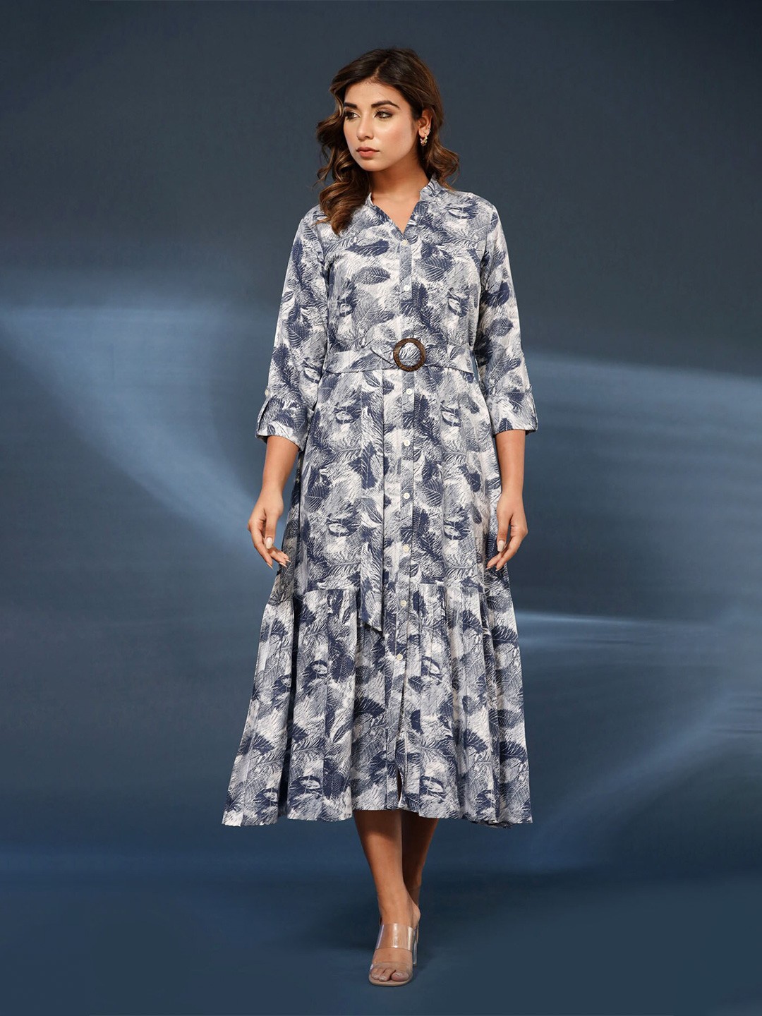 

FASHION DWAR Floral Printed Midi Cotton Shirt Dress, Grey