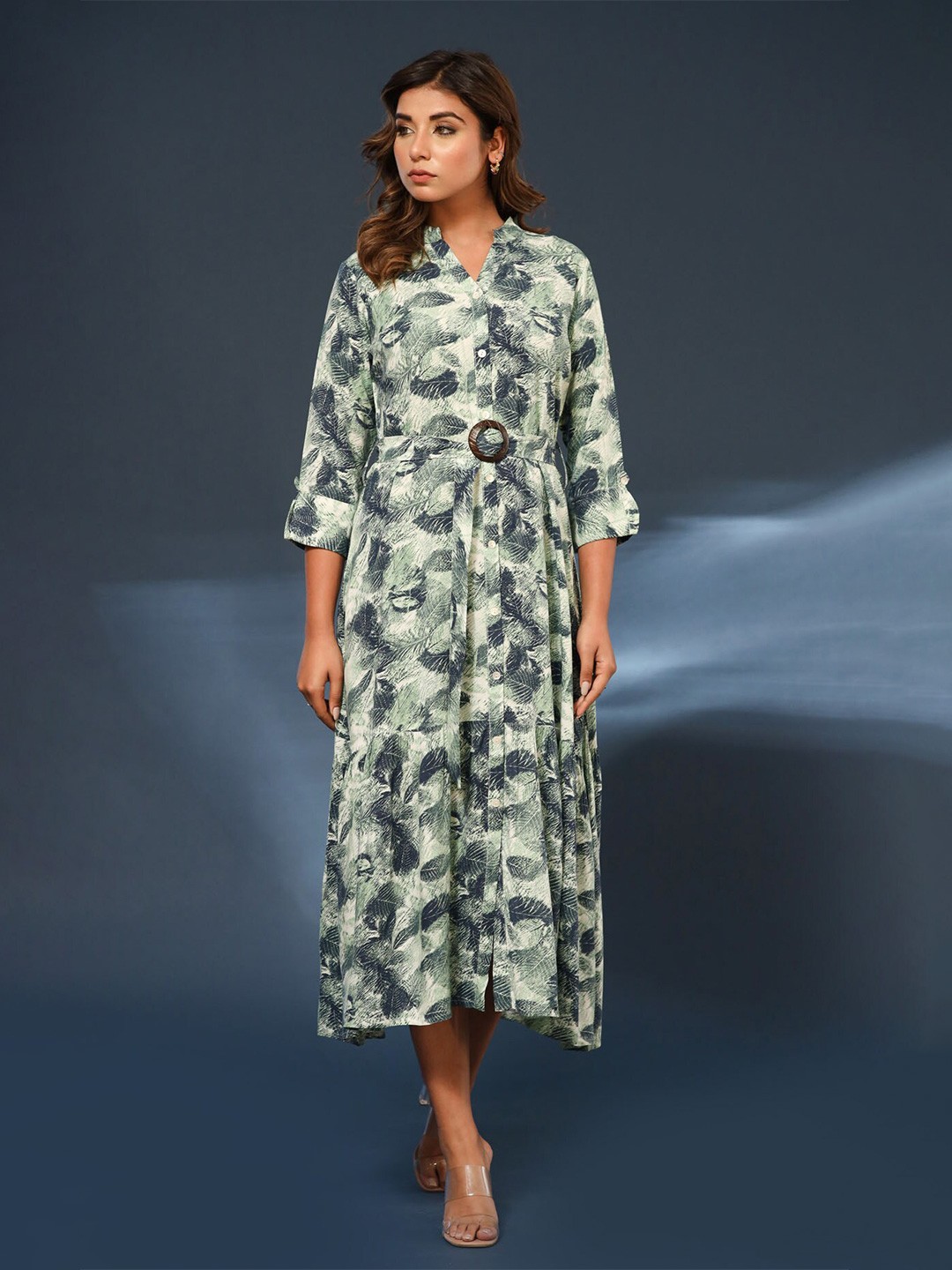 

FASHION DWAR Floral Printed Midi Cotton Shirt Dress, Green