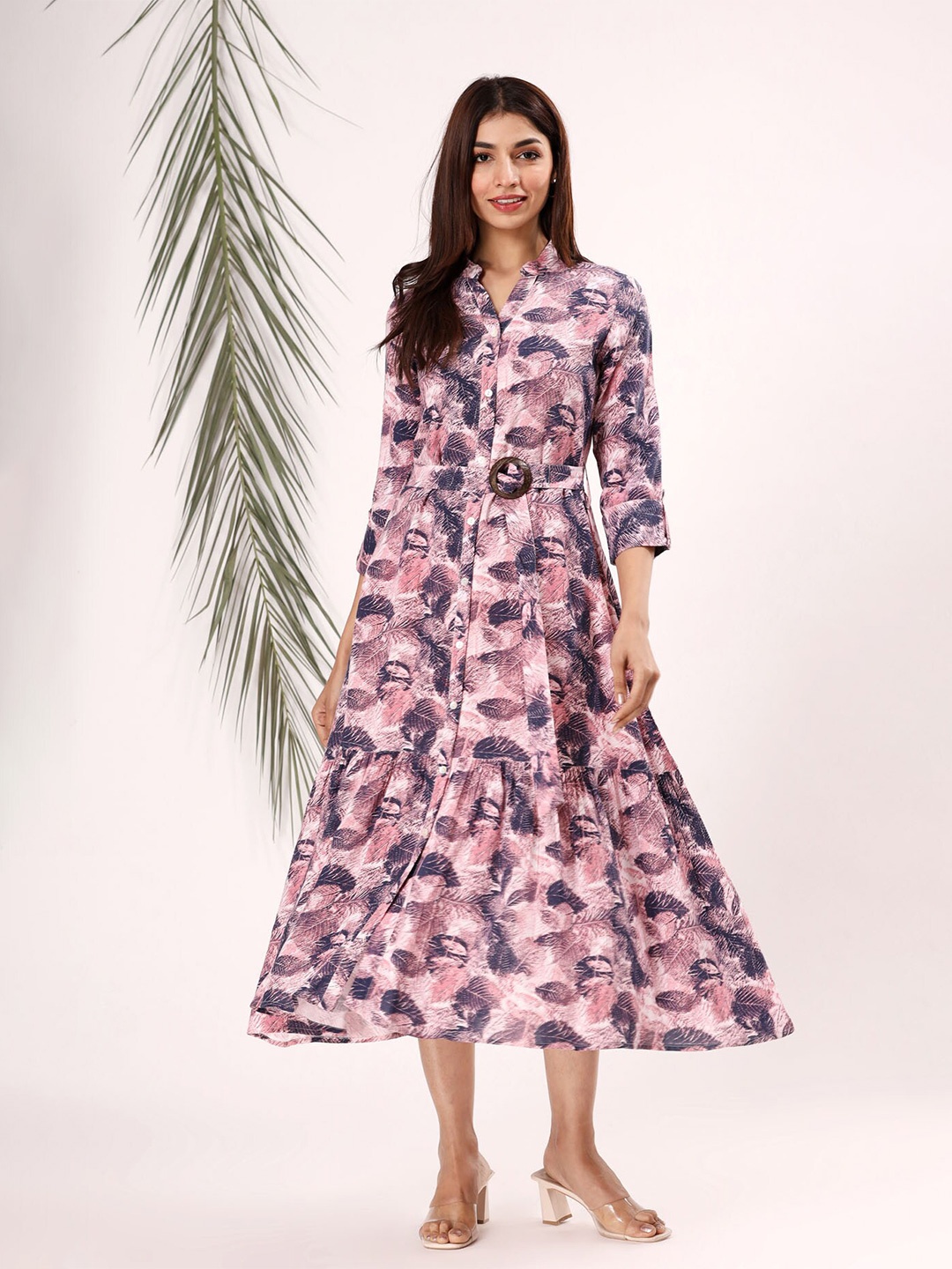 

FASHION DWAR Floral Printed A-Line Midi Pure Cotton Dress With Belt, Lavender