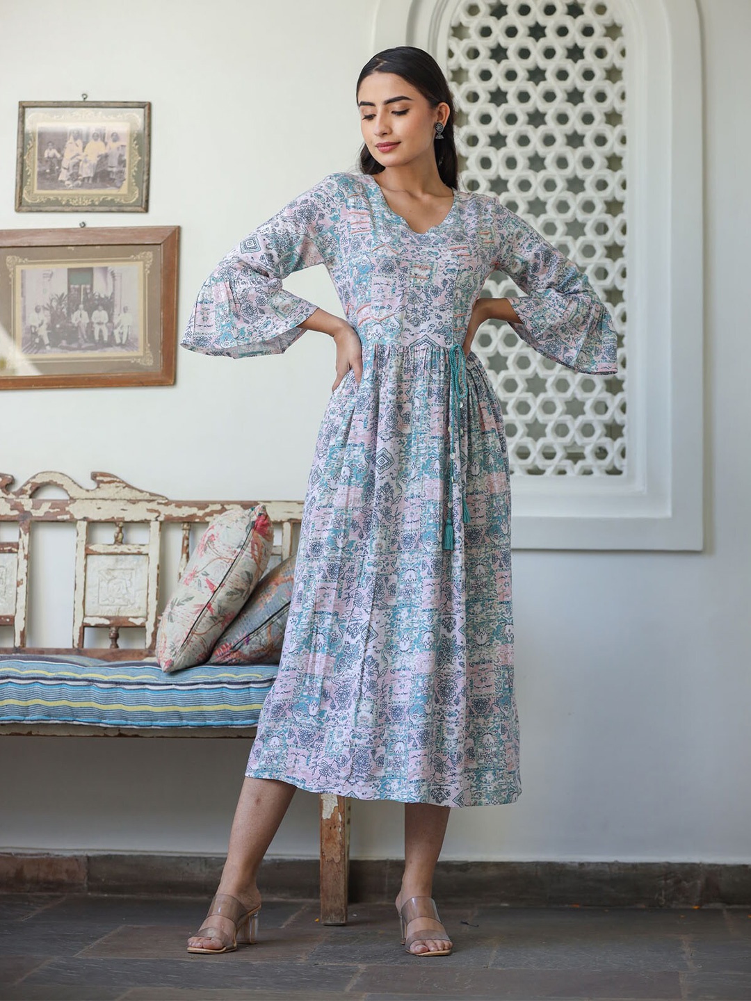 

FASHION DWAR Ethnic Motifs Printed Embellished A-Line Pure Cotton Maxi Dress, Multi
