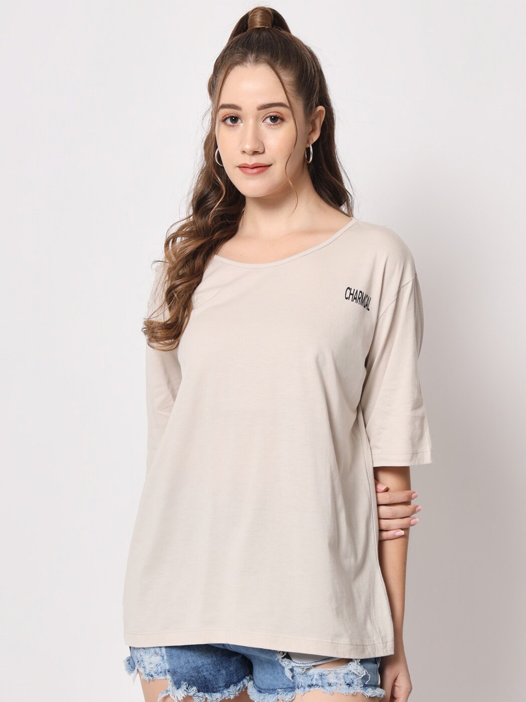 

CHARMGAL Drop-Shoulder Sleeves Cotton Relaxed Fit T-shirt, Cream