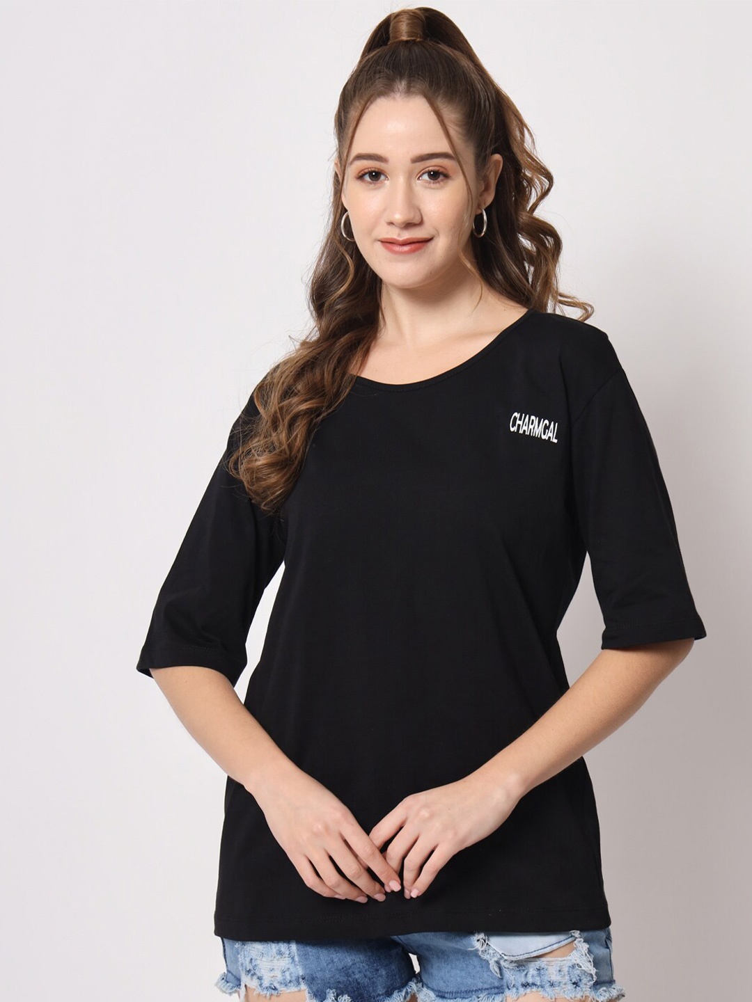 

CHARMGAL Round Neck Drop Shoulder Cotton T-shirt, Black