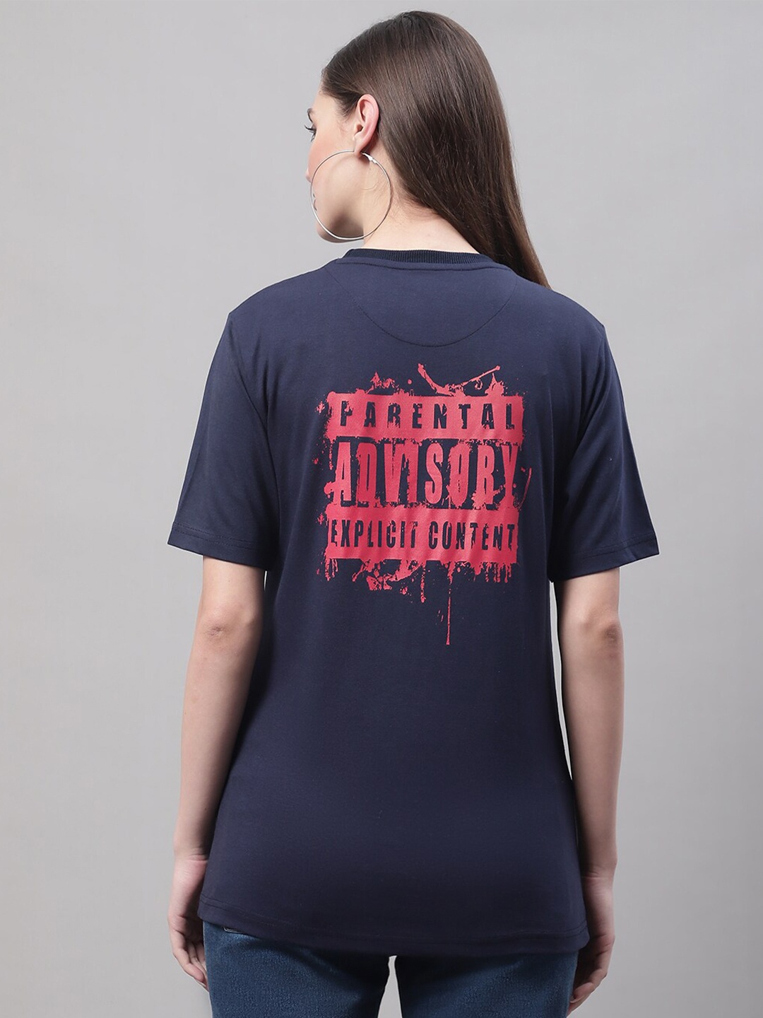 

Obaan Typography Printed Loose Cotton T-shirt, Navy blue