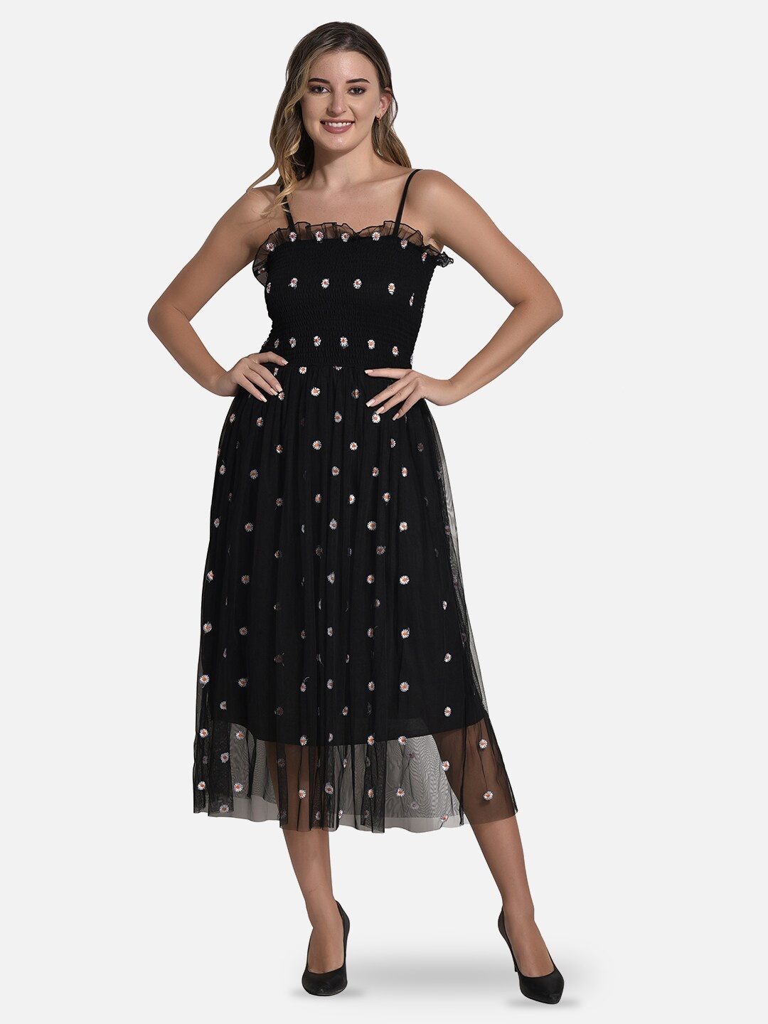 

FIMS Floral Embroidered Net Midi Dress, Black