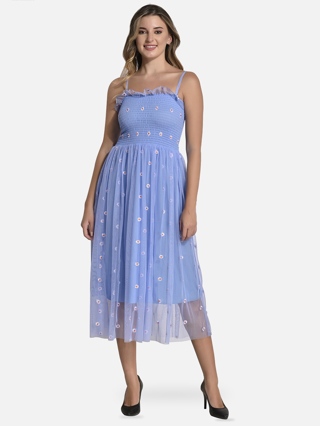 

FIMS Shoulder Straps Floral Printed Midi Dress, Blue