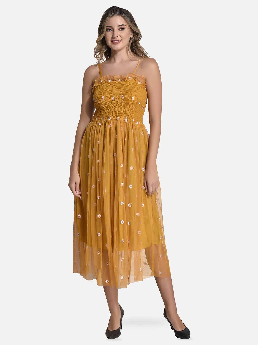 

FIMS Floral Embroidered Midi Dress, Yellow