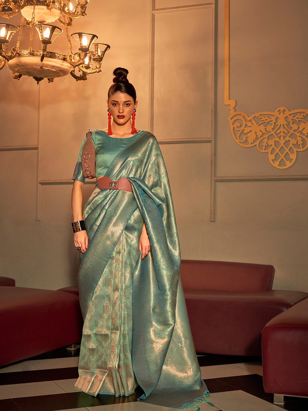 

Mitera Floral Woven Design Zari Pure Silk Saree, Sea green