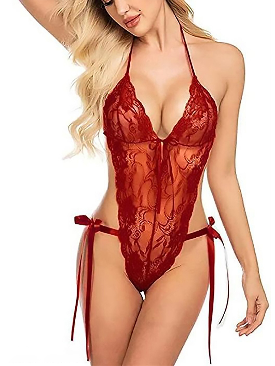 

AROUSY Net Halter Neck Baby Doll, Maroon