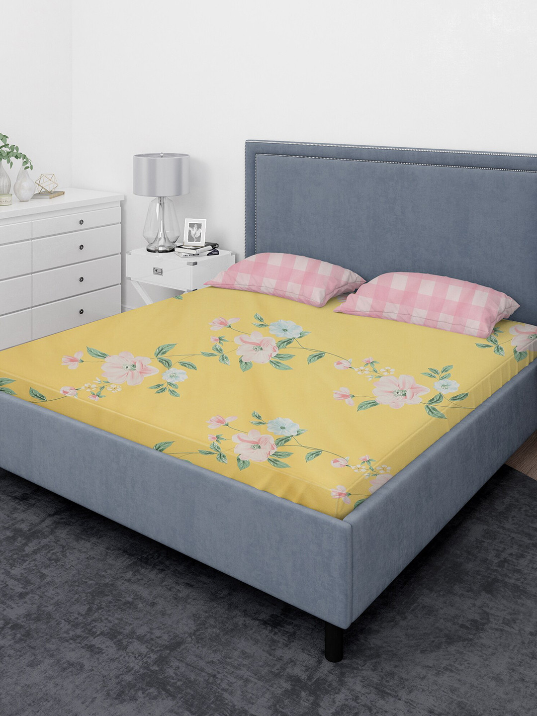 

Miaz Lifestyle Yellow & Pink Floral 210 TC Flat King Bedsheet with 2 Pillow Covers
