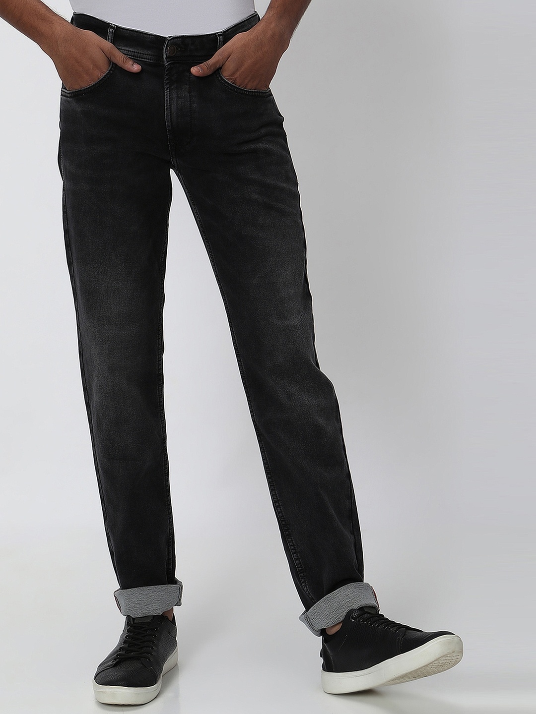 

Mufti Men Straight Fit Low Distress Light Fade Stretchable Cotton Jeans, Black