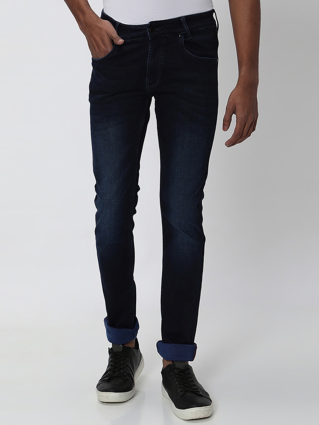 Mufti Men Slim Fit Light Fade Stretchable Jeans, Navy blue