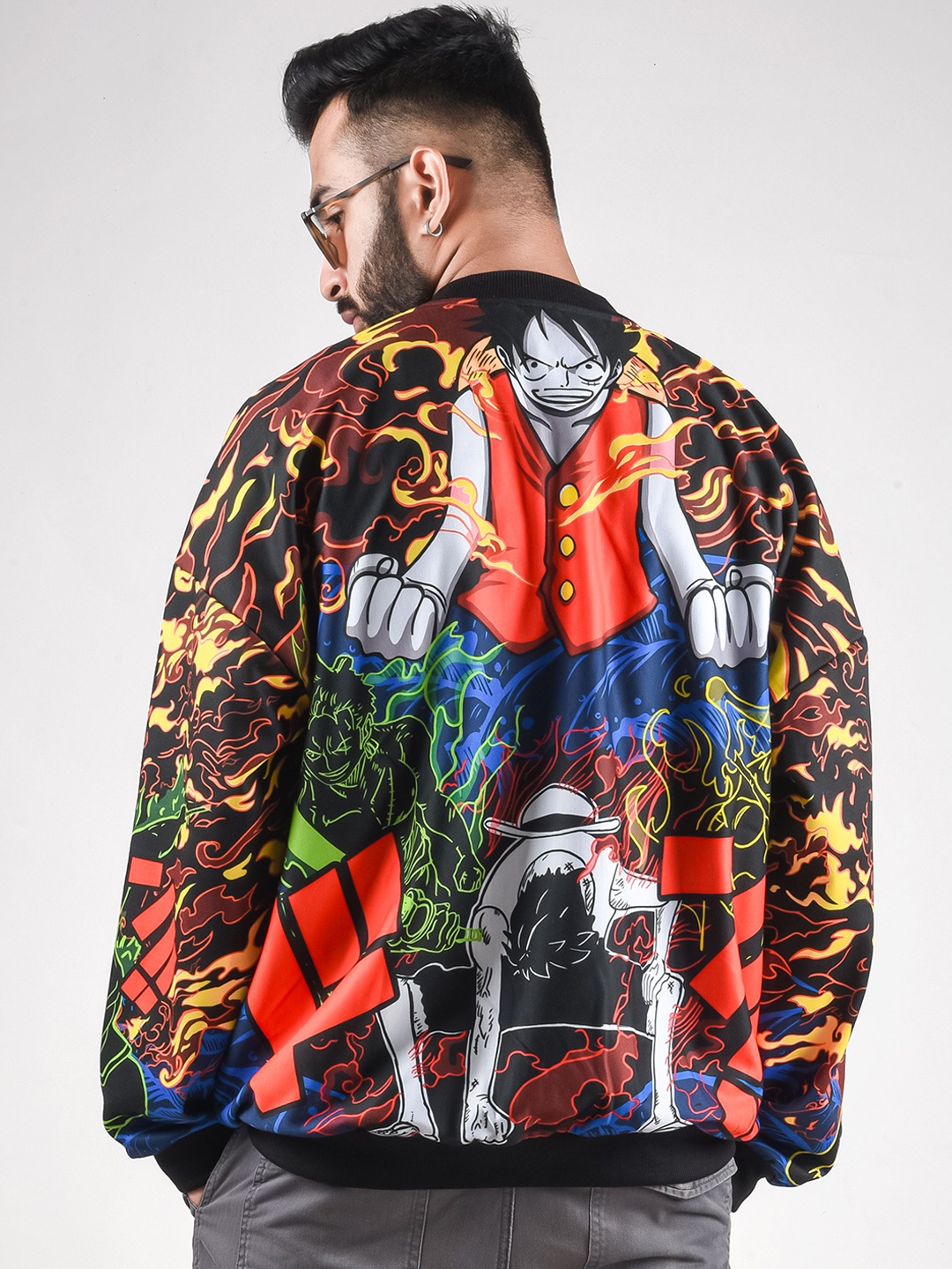 COMICSENSE Anime Printed One Piece Pirate Trio Oversized Bomber Jacket, Black