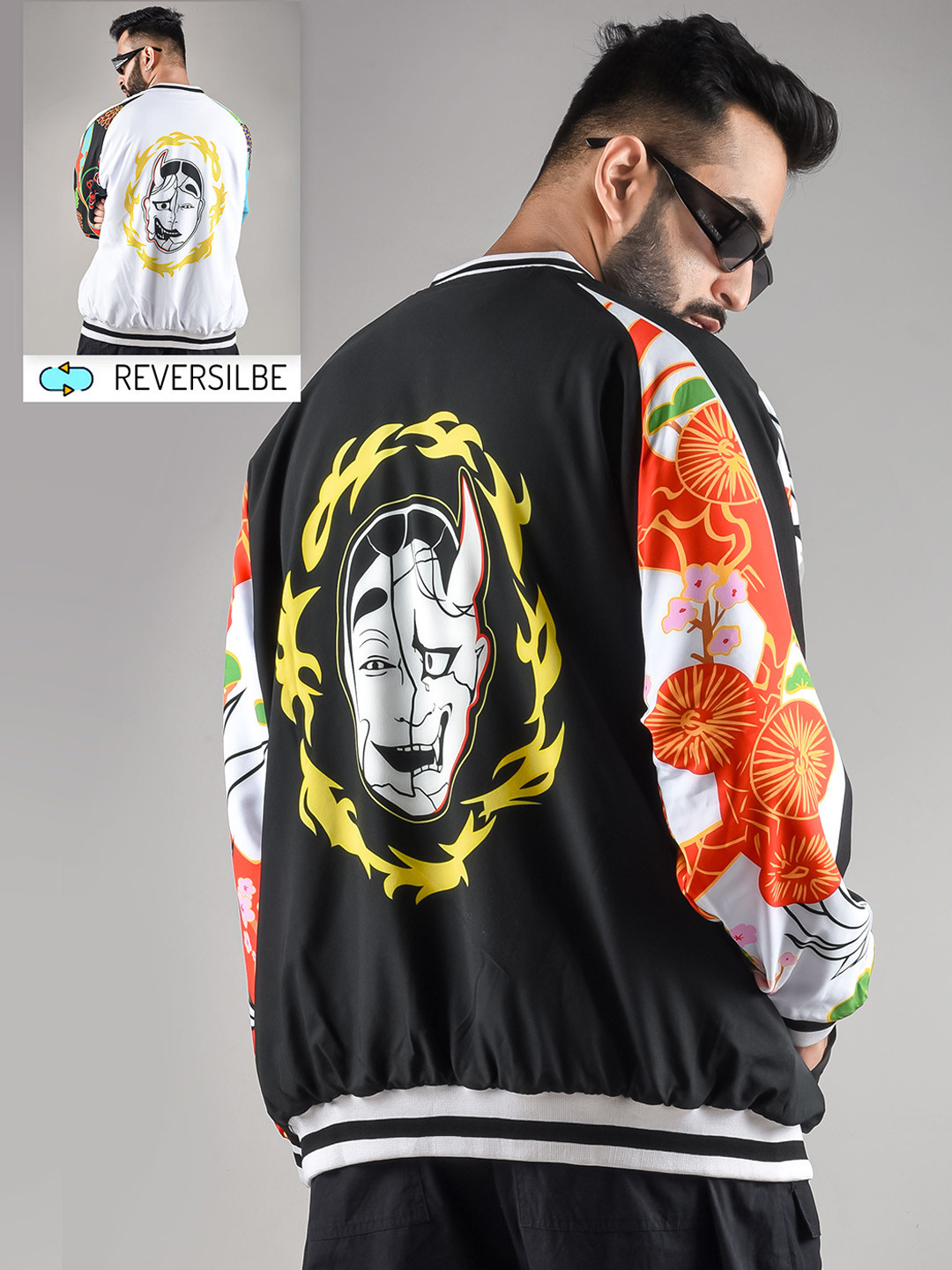 

COMICSENSE Tokyo Revengers Anime Twin Devil Printed Reversible Oversized Bomber Jacket, Black