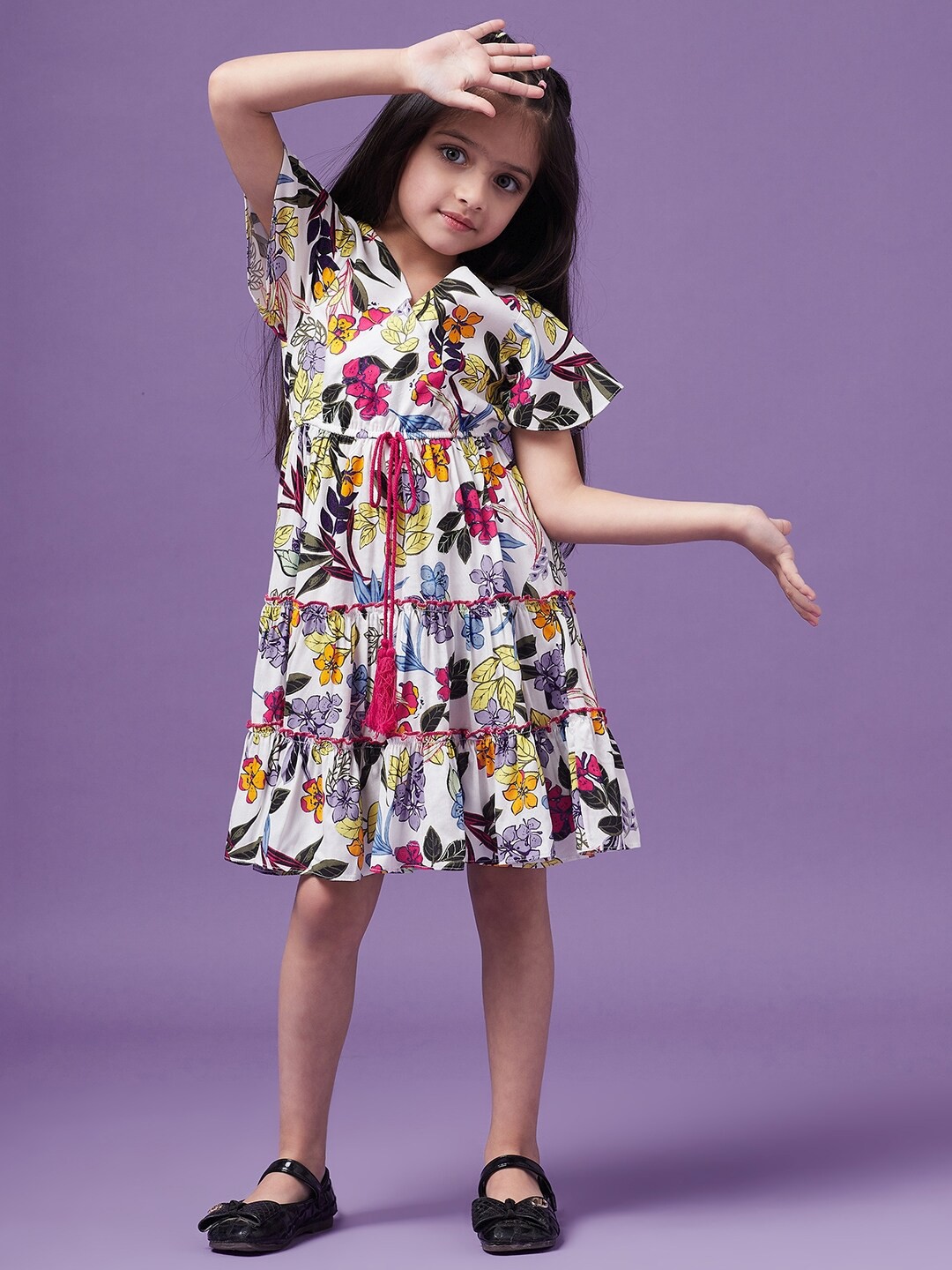

pspeaches Girls Floral Printed V-Neck Wrap Tiered Dress, White