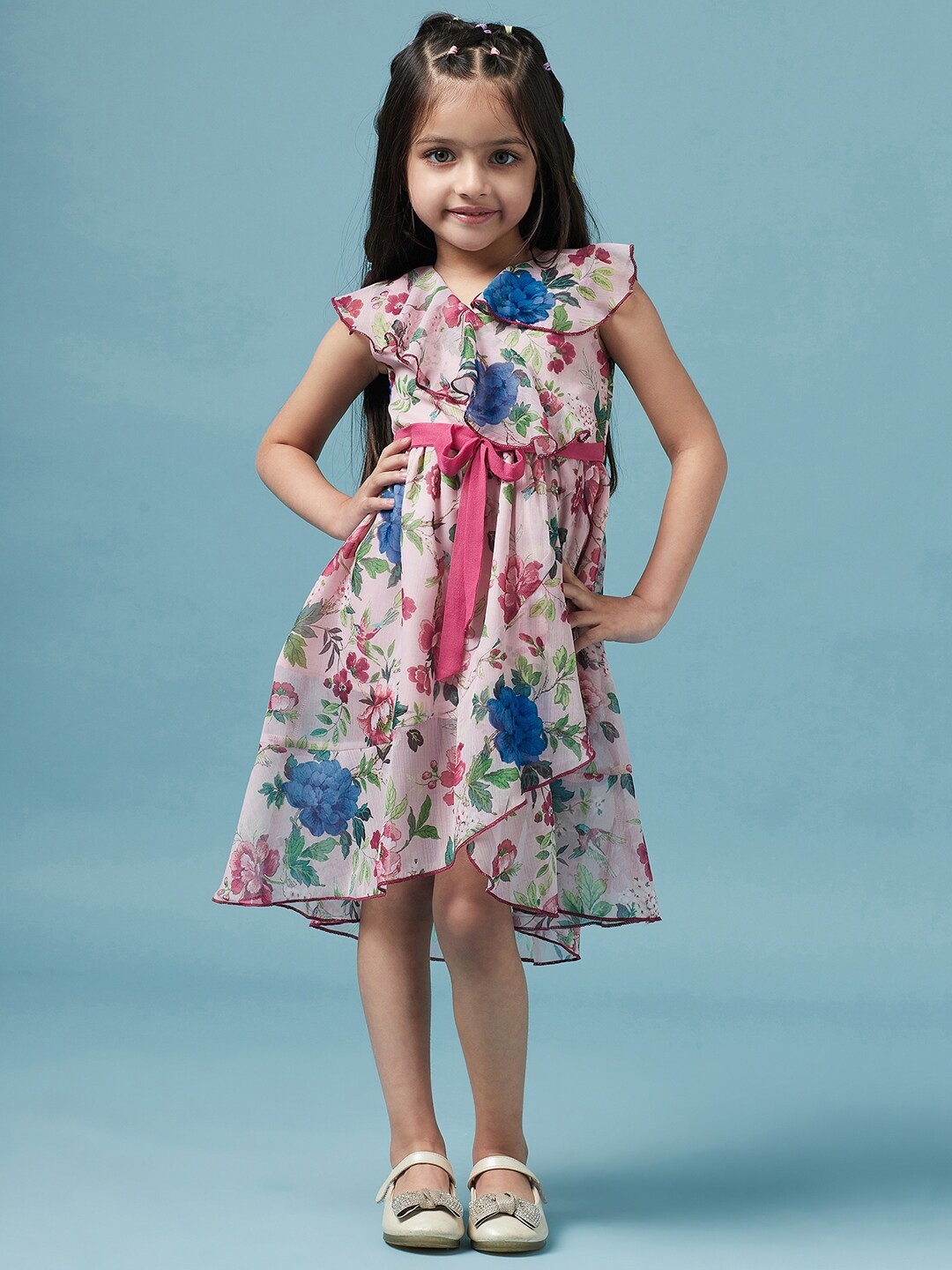

pspeaches Girls Floral Printed V Neck A-Line Dress, Pink