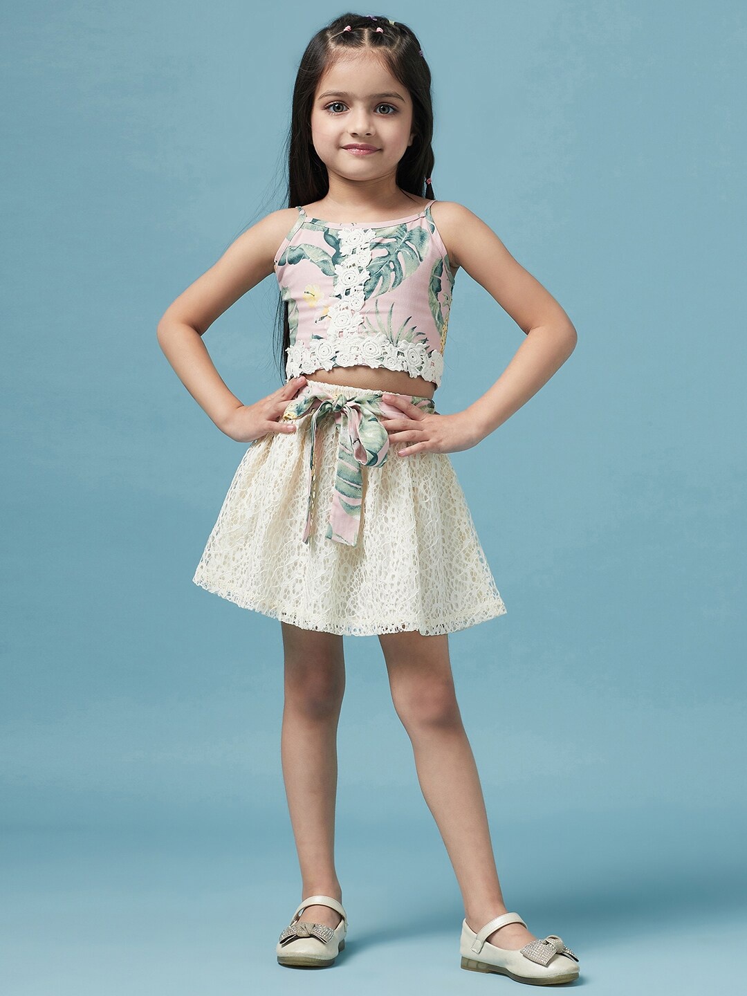 

pspeaches Girls Printed Sleeveless Top with Skirt, Pink