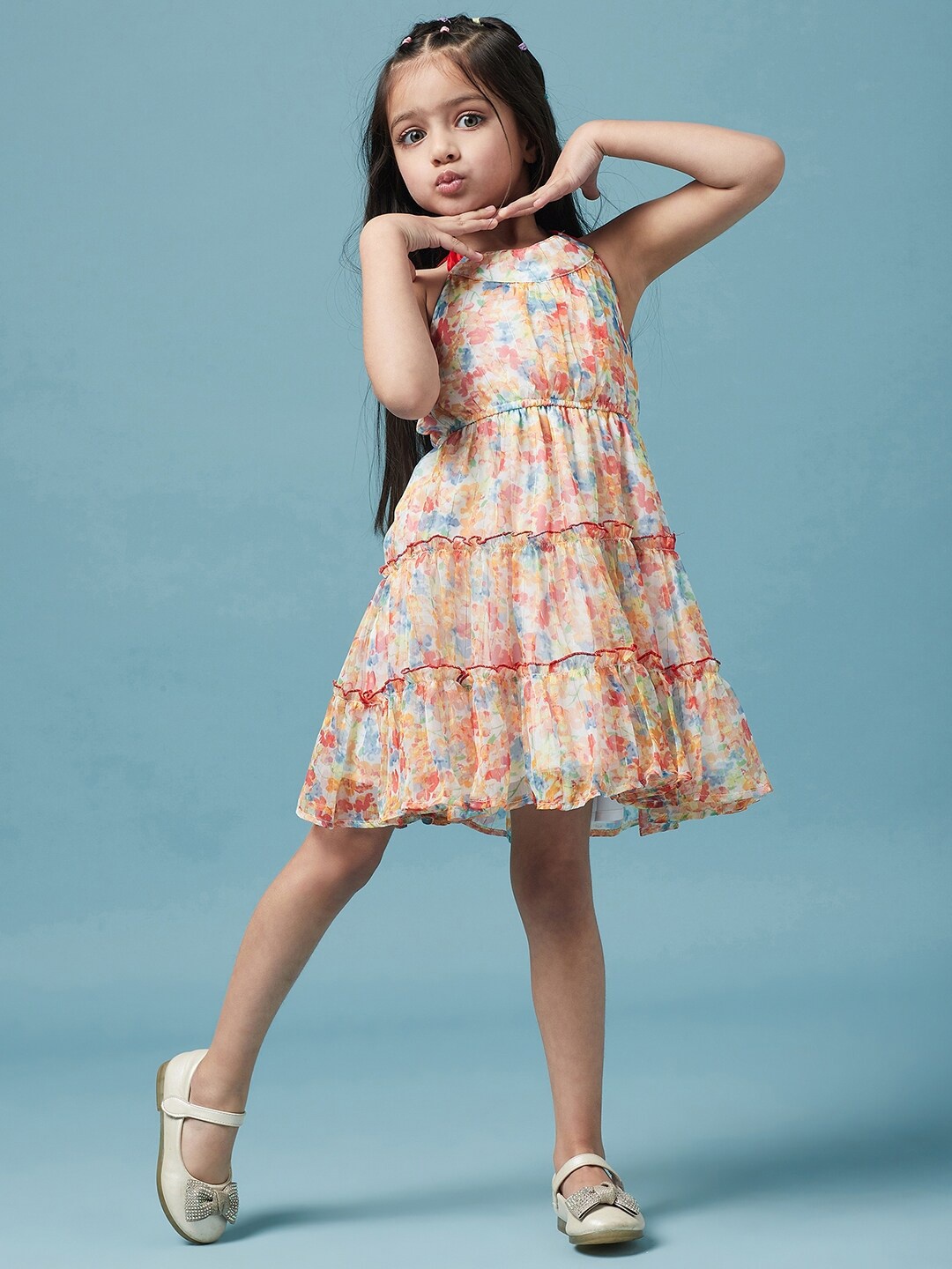 

pspeaches Girls Halter Neck Floral Printed A-Line Dress, Beige