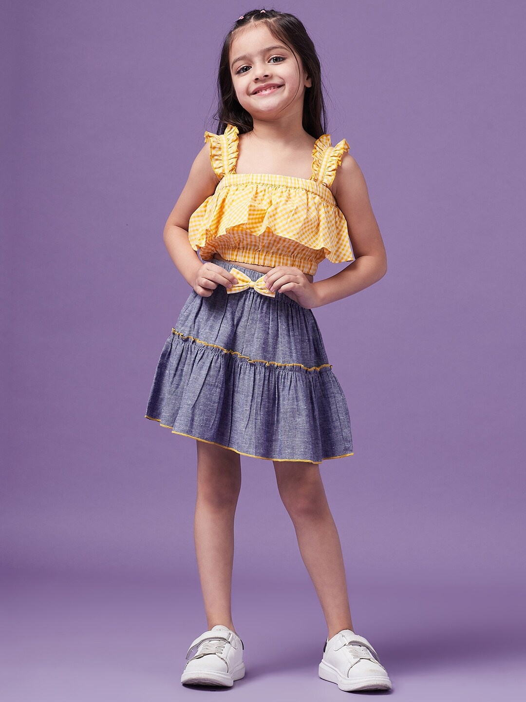 

pspeaches Girls Checked Sleeveless Top with Skirt, Yellow